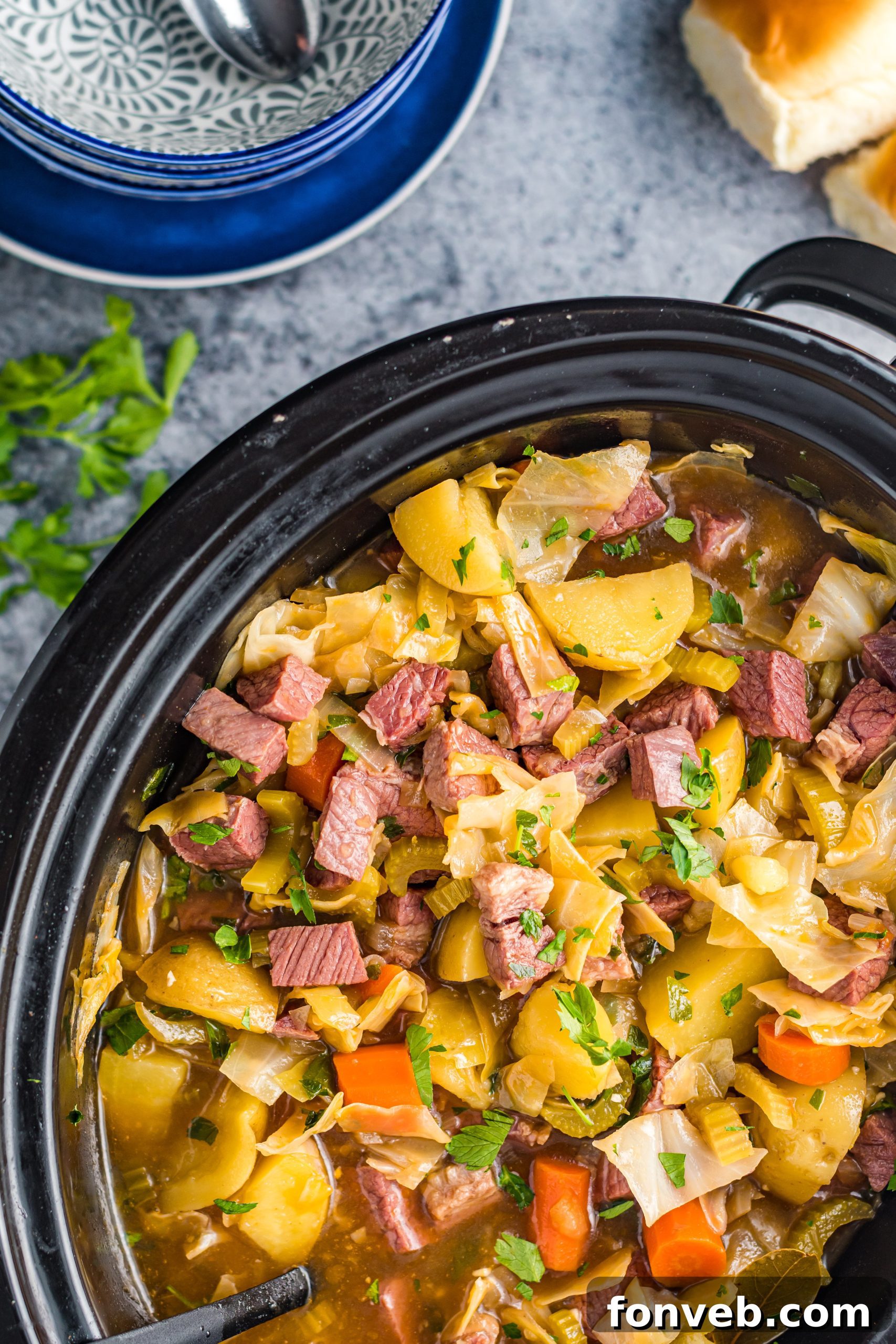 Slow Cooker Corned Beef and Cabbage Soup with a focus on ingredients