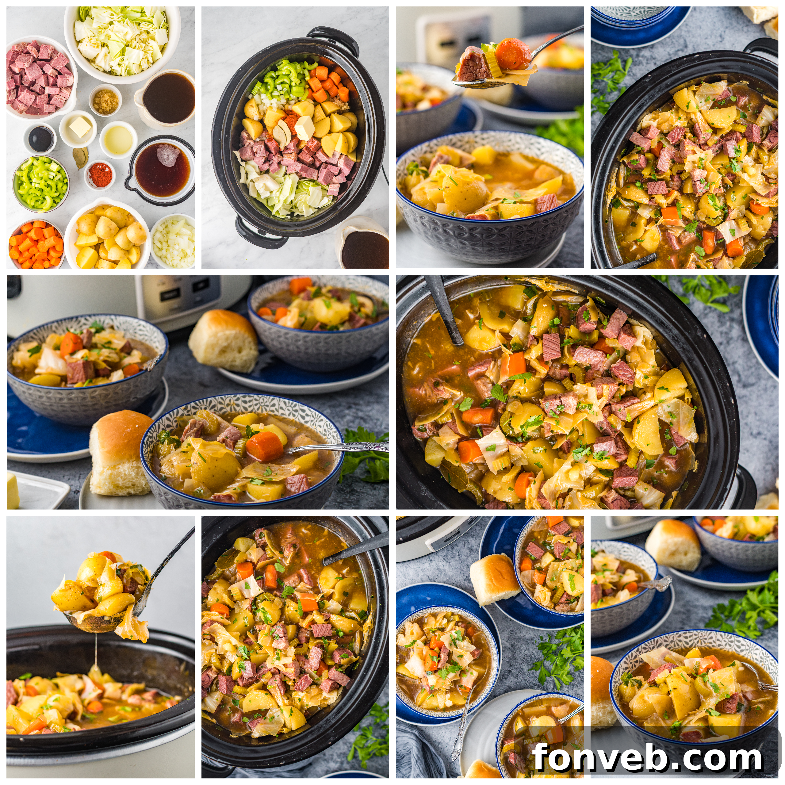 Close-up of fresh vegetables and cooked corned beef for soup