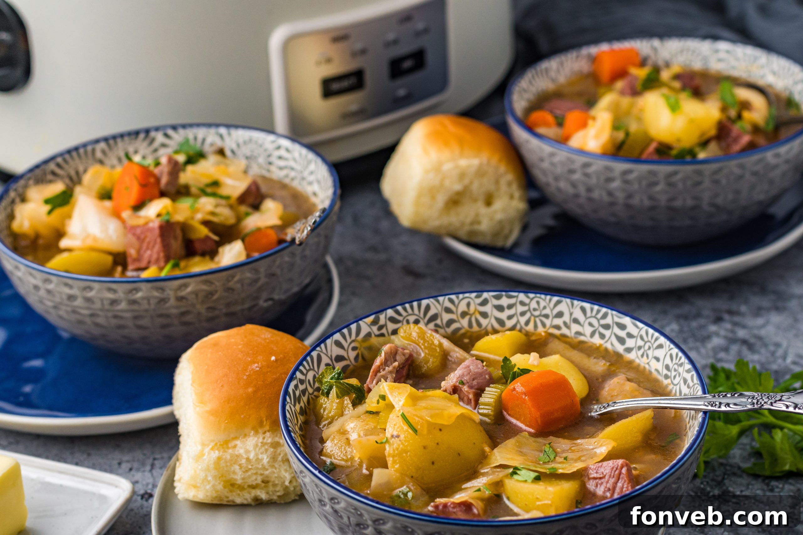 A full bowl of Slow Cooker Corned Beef and Cabbage Soup