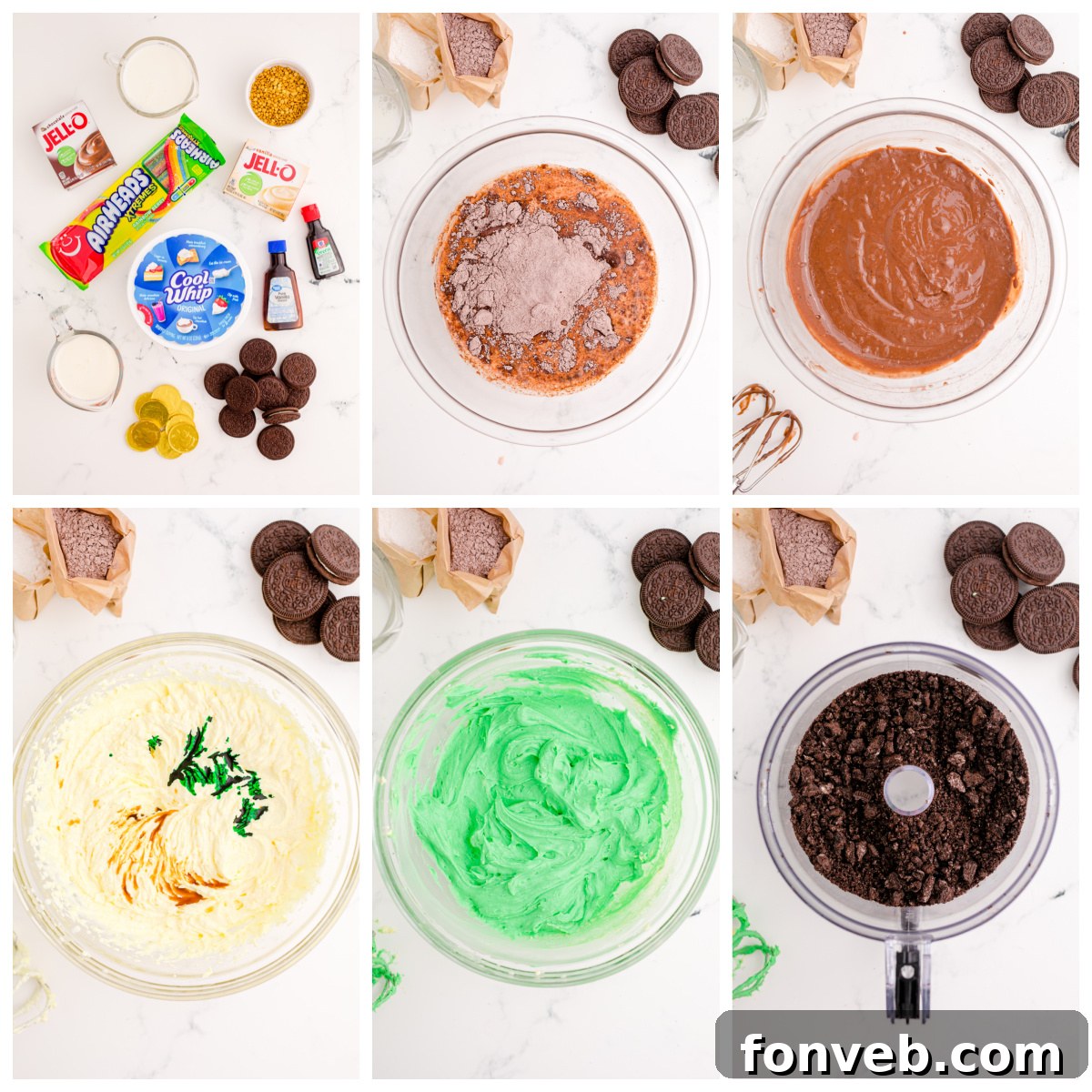 Close-up of a single St. Patrick's Day Pudding Cup showing layers of green and brown pudding with whipped topping