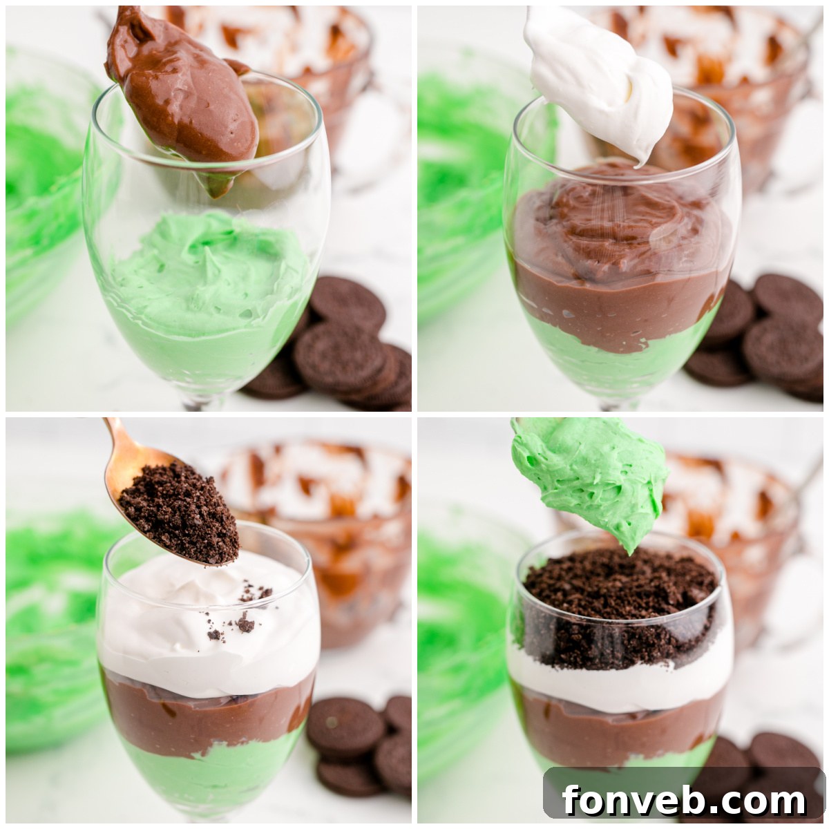 St. Patrick's Day Pudding Cups on a rustic table with a green towel