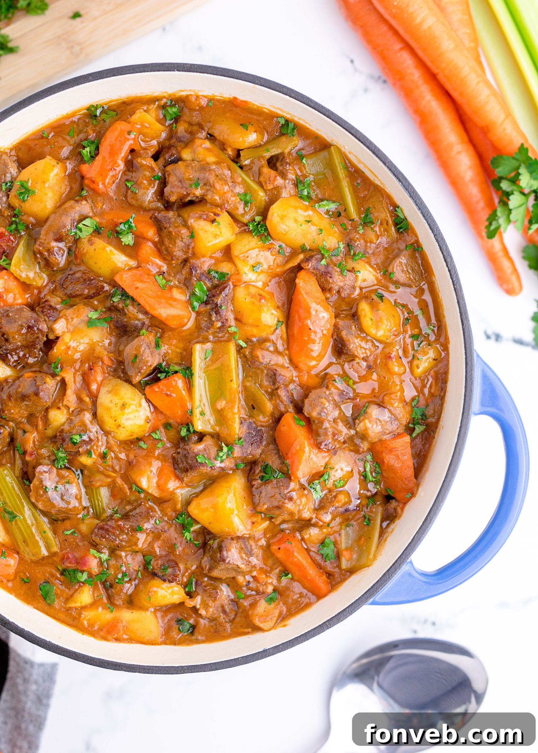 Close-up of the rich, thick broth of the Guinness Beef Stew