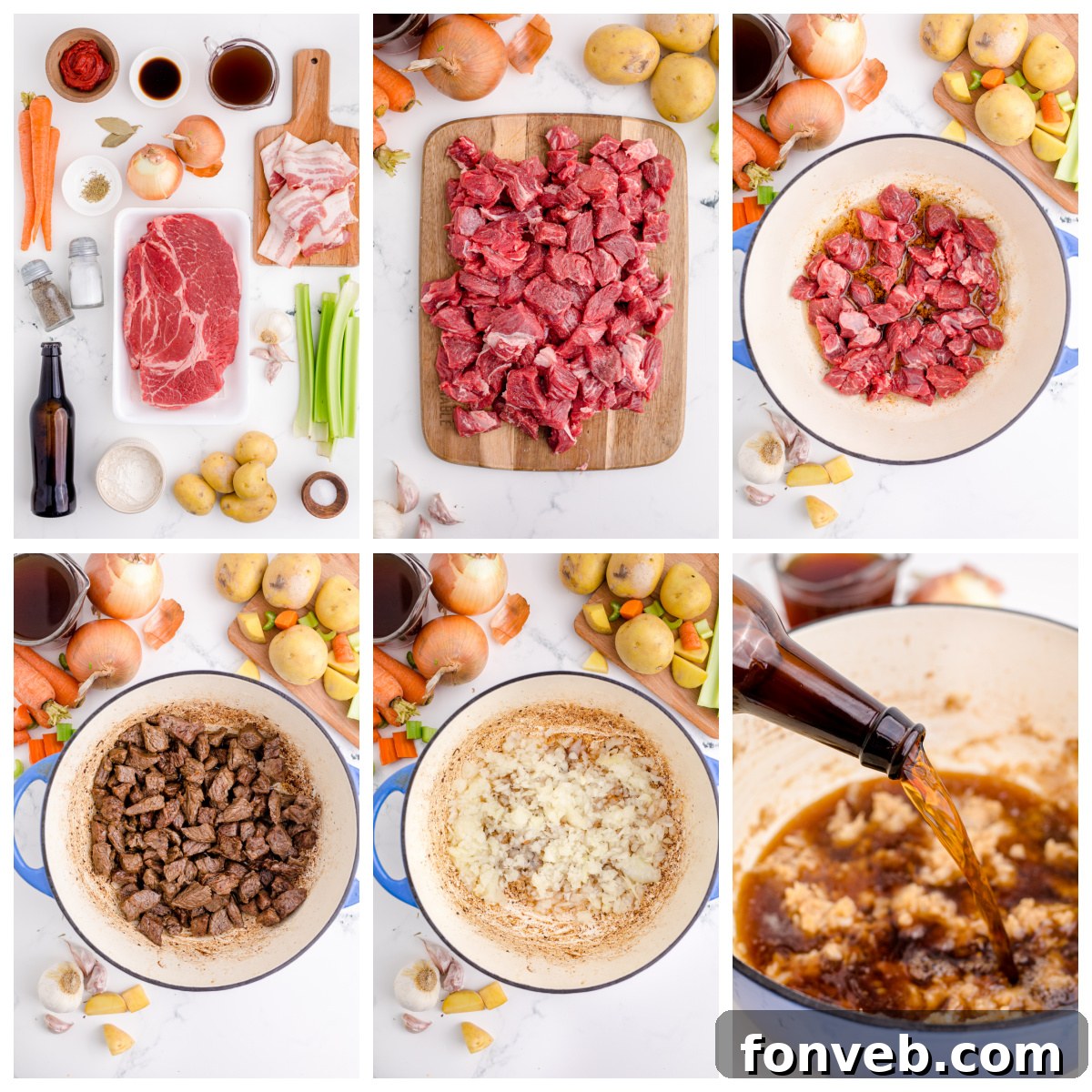 Close-up of a bowl of Guinness Beef Stew with tender beef and vegetables