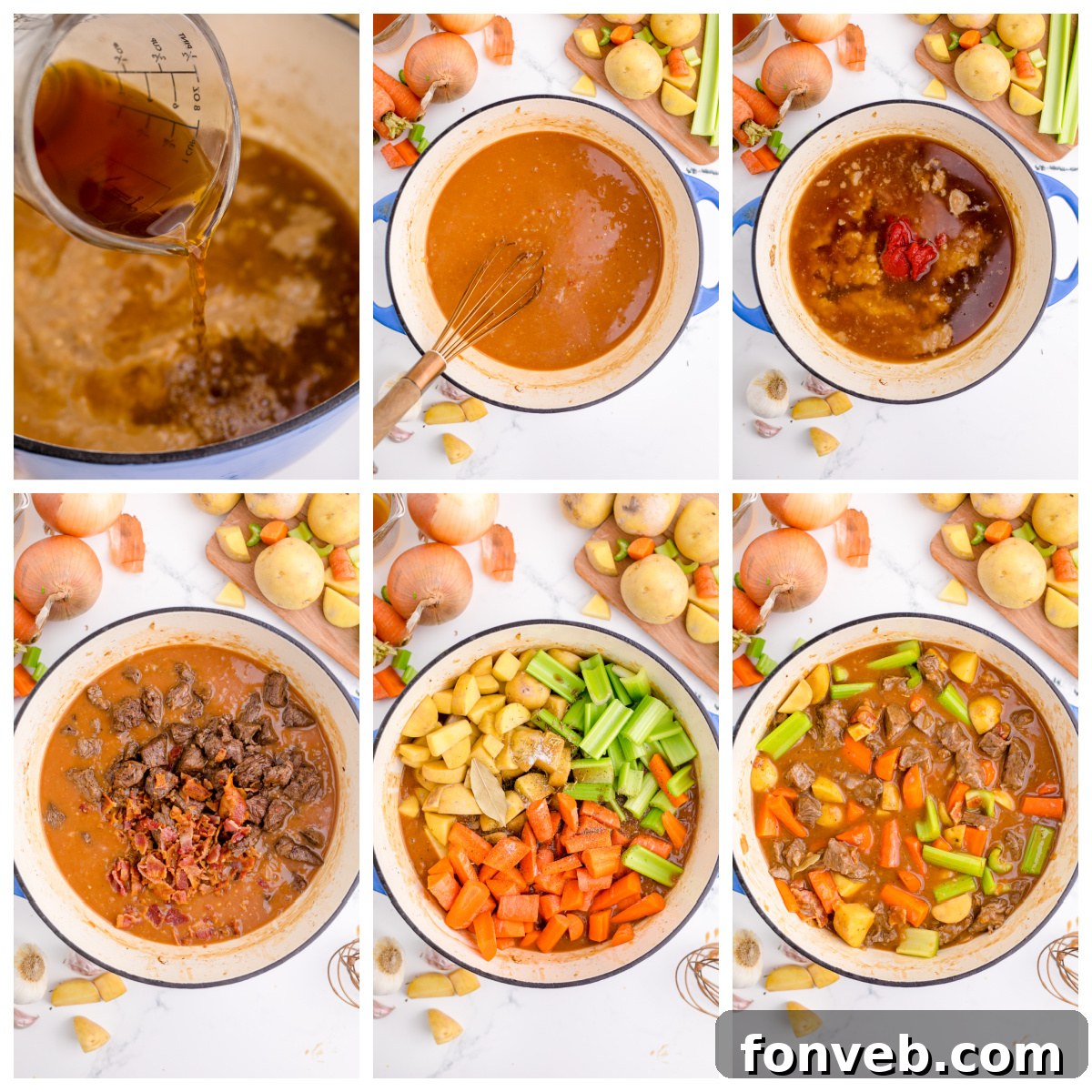Overhead shot of Guinness Beef Stew simmering in a Dutch oven