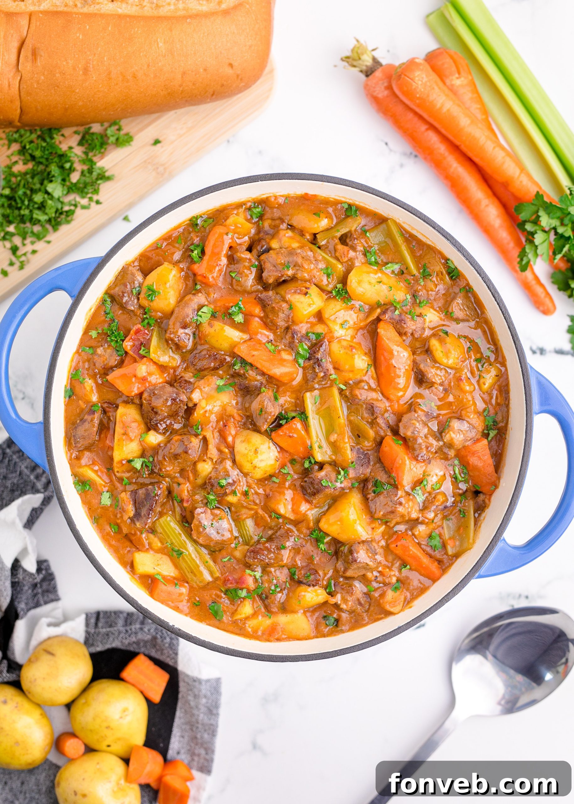 Fresh ingredients laid out for making Guinness Beef Stew