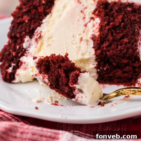 Final plated slice of Red Velvet Cheesecake Cake