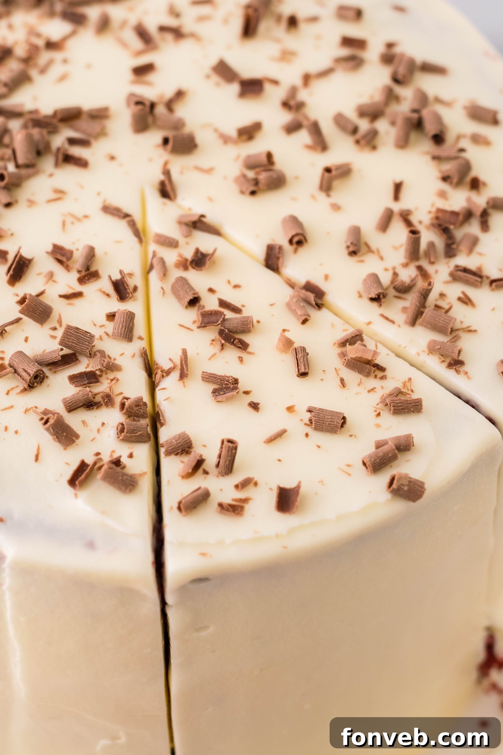 A close-up of the red velvet cake batter, showing its deep red color.