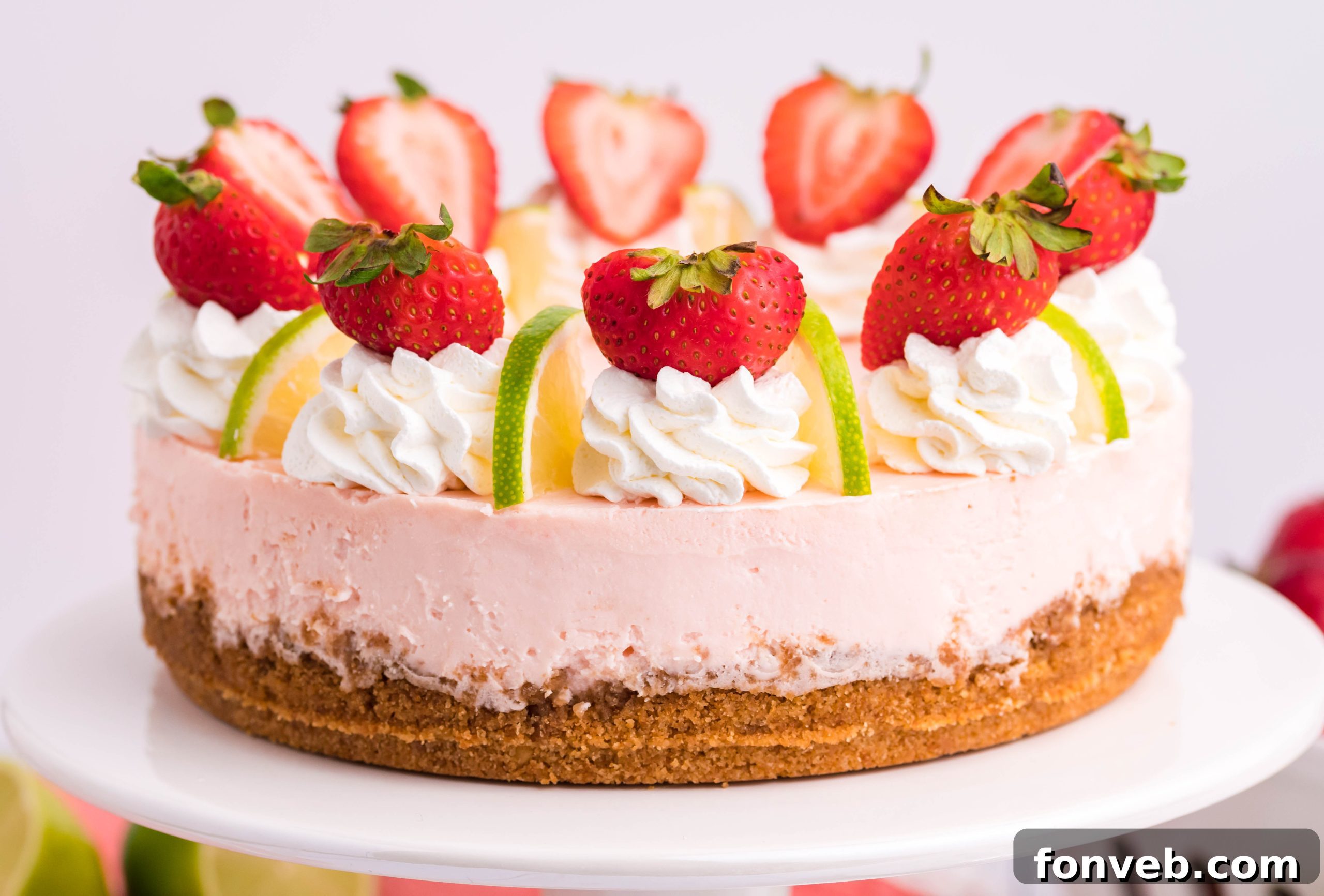 Another perspective of the Instant Pot Strawberry Daiquiri Cheesecake, beautifully arranged.