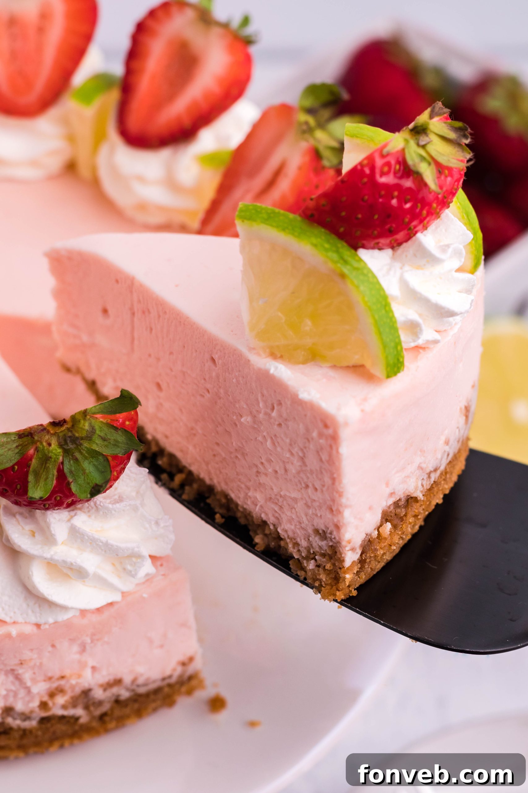 The Instant Pot Strawberry Daiquiri Cheesecake, ready to be served.