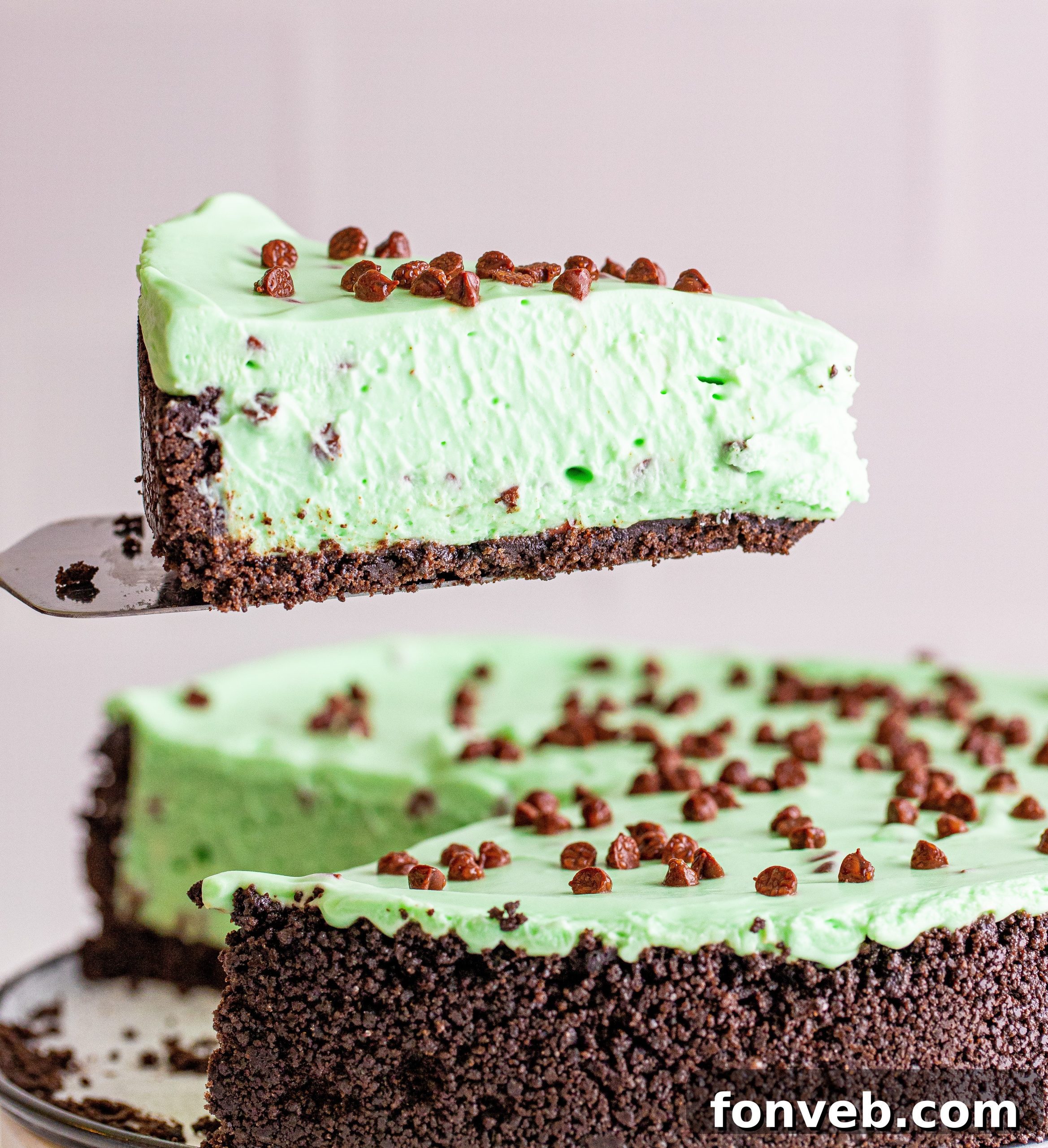 A top-down view of the entire No Bake Mint Chocolate Chip Cheesecake with a clear focus on the green filling and chocolate chips.