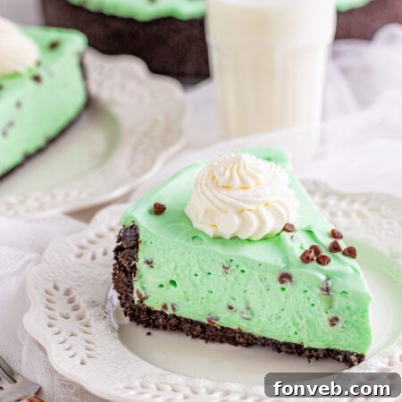 A small, circular image of the No Bake Mint Chocolate Chip Cheesecake, used as a recipe thumbnail.