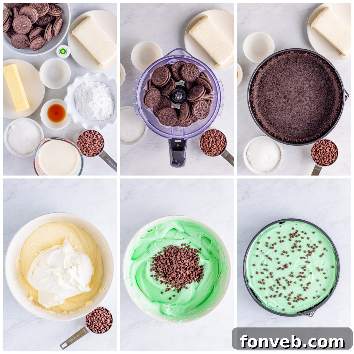 Several slices of No Bake Mint Chocolate Chip Cheesecake arranged on a white serving platter, garnished with mint leaves and chocolate shavings.