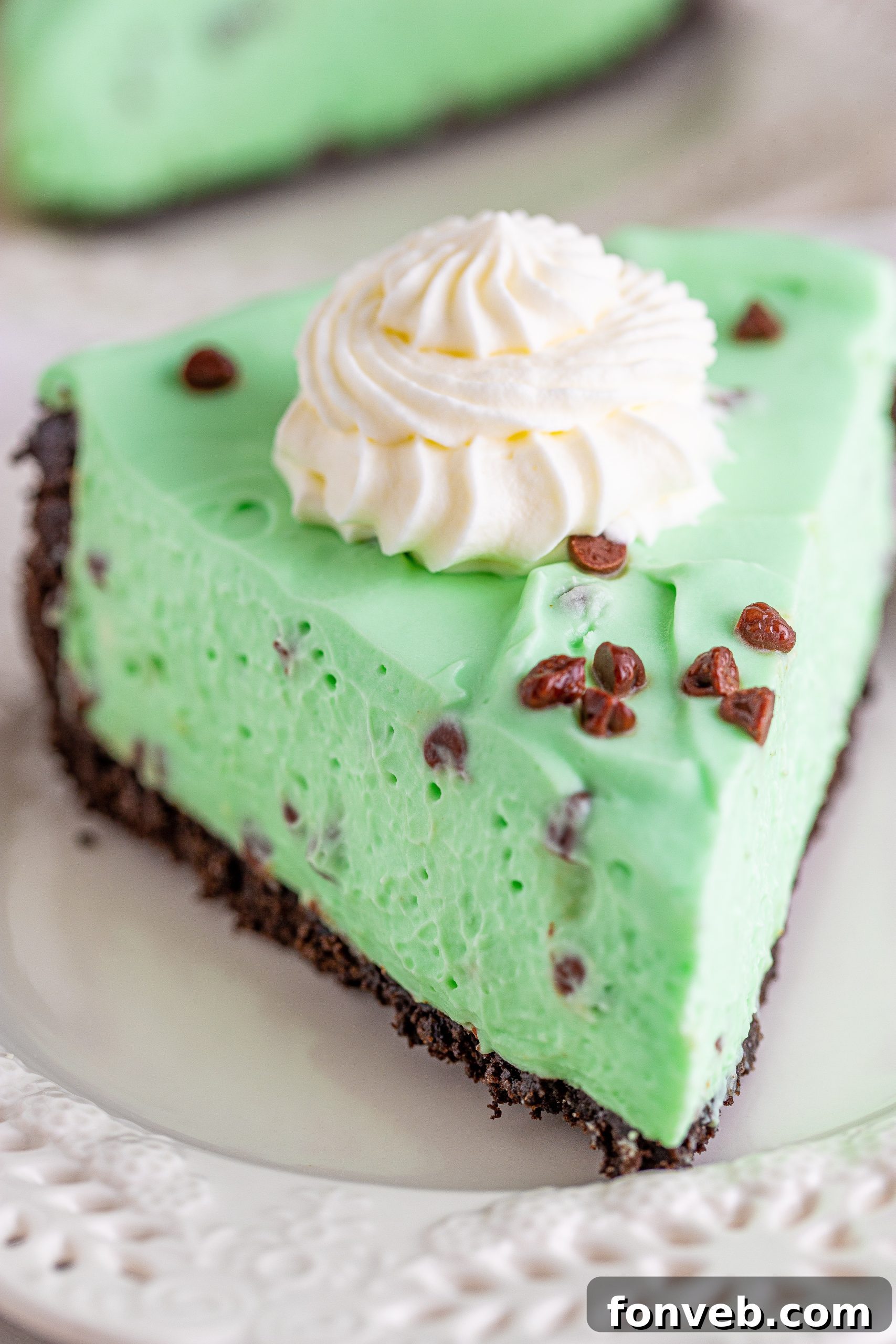 A top-down view of the whole No Bake Mint Chocolate Chip Cheesecake garnished with fresh mint leaves and chocolate shavings.