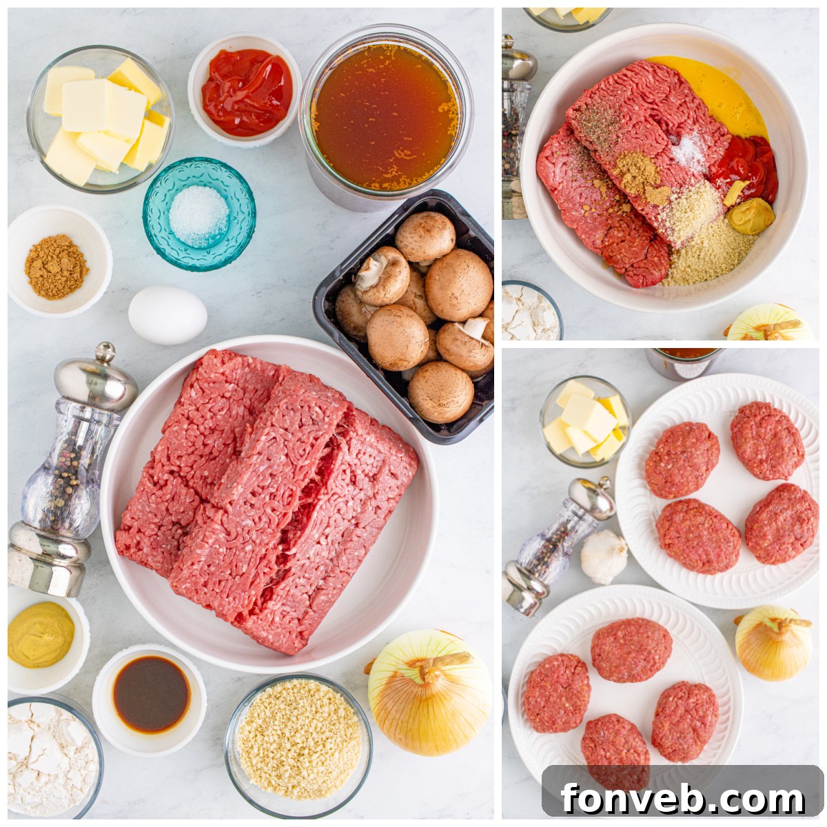 Hearty Salisbury Steaks with Rich Gravy 3 Close-up of a Salisbury Steak patty submerged in thick, luscious mushroom gravy.