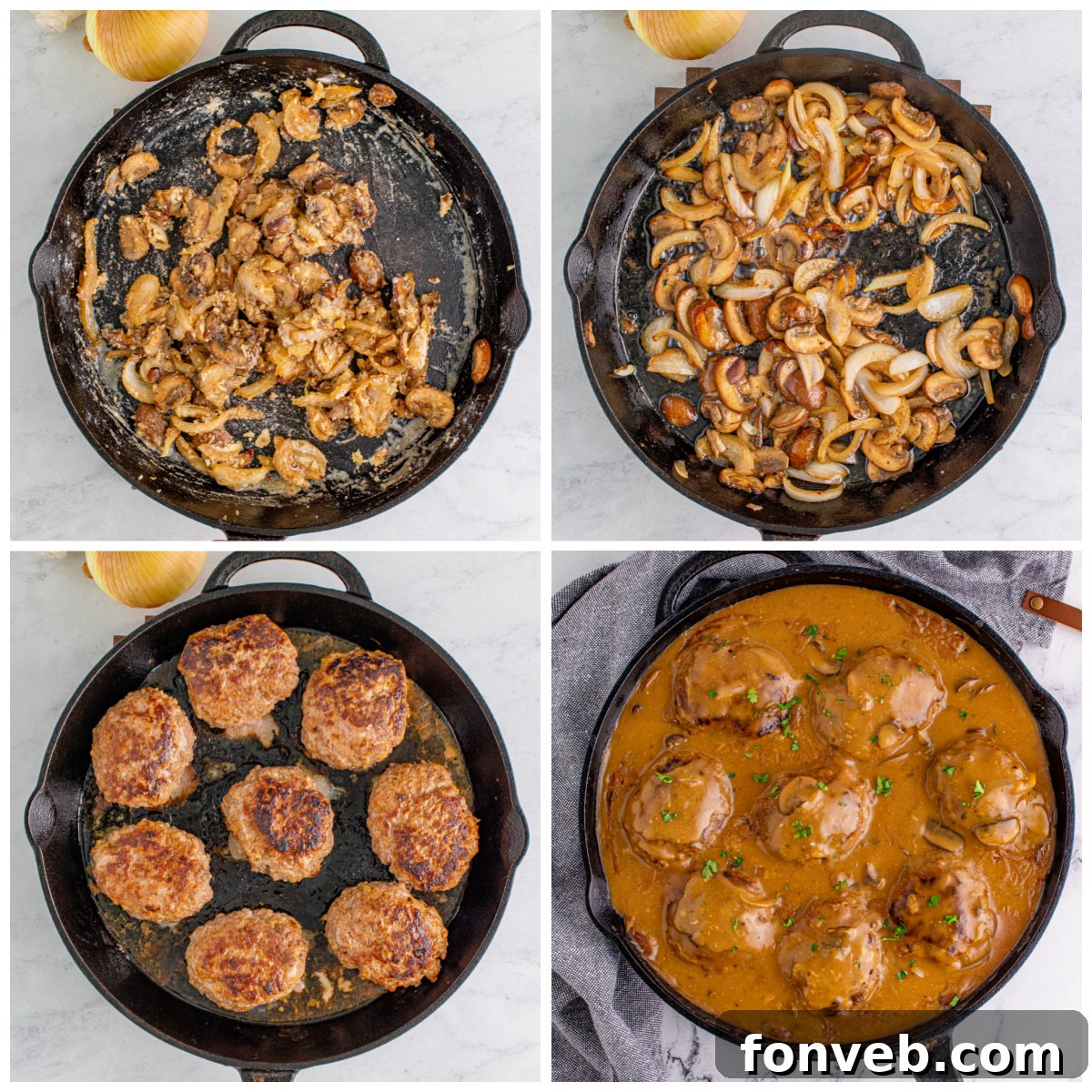 Hearty Salisbury Steaks with Rich Gravy 4 A serving of Salisbury Steaks with a side of creamy mashed potatoes, generously topped with mushroom gravy.