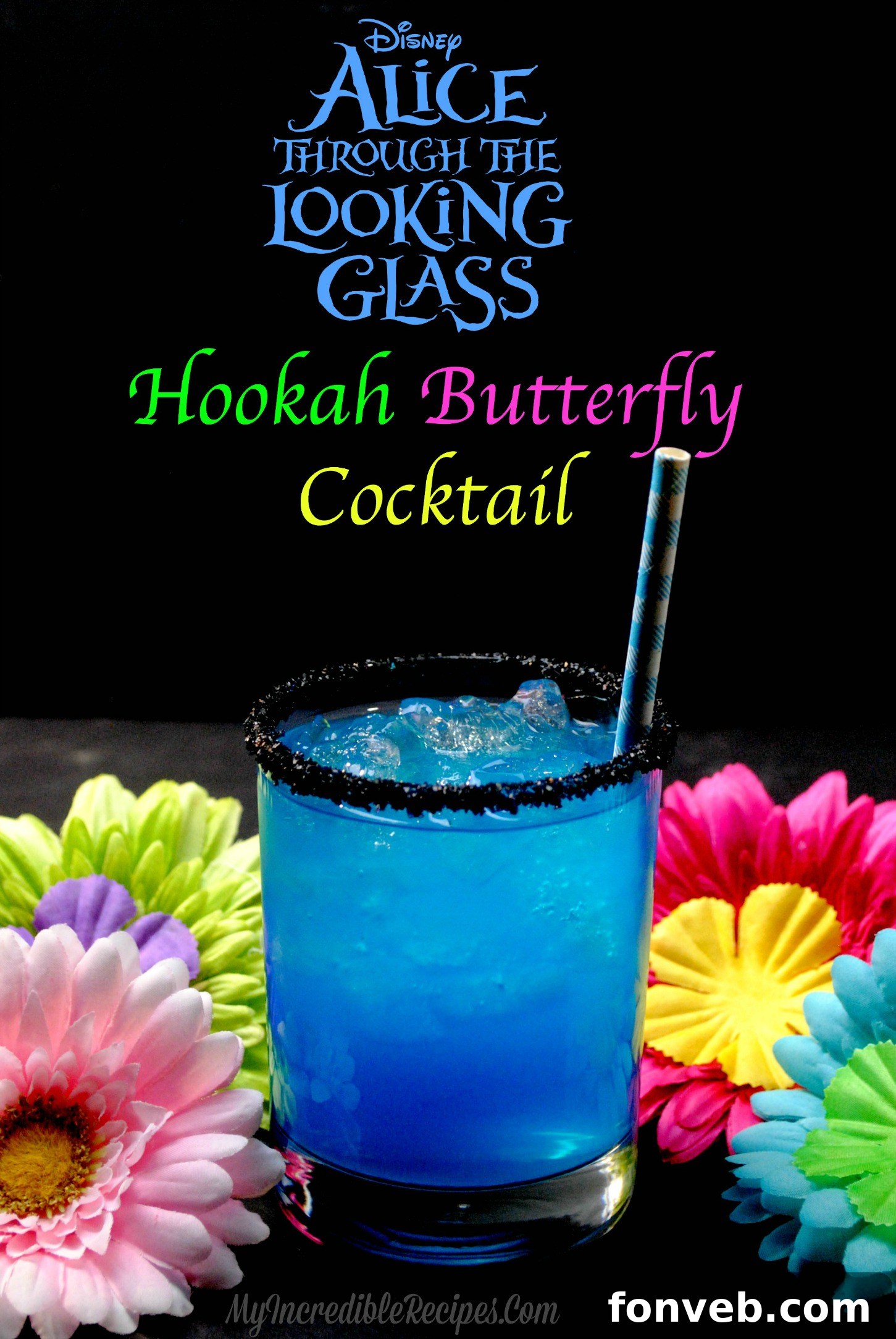 Alice in Wonderland themed cocktail with blue and pink hues, a magical drink