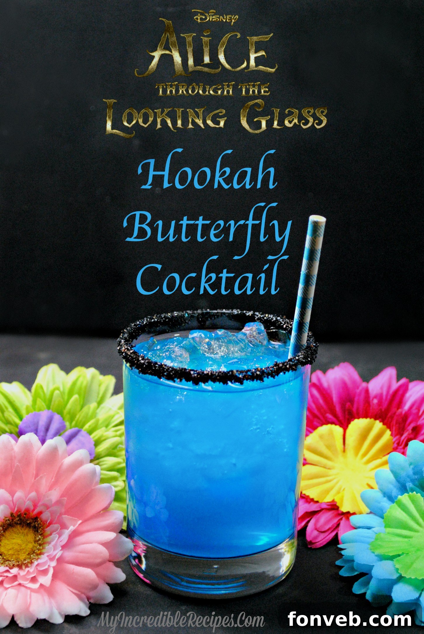 Close-up of the Hookah Butterfly Cocktail, garnished with black sugar rim