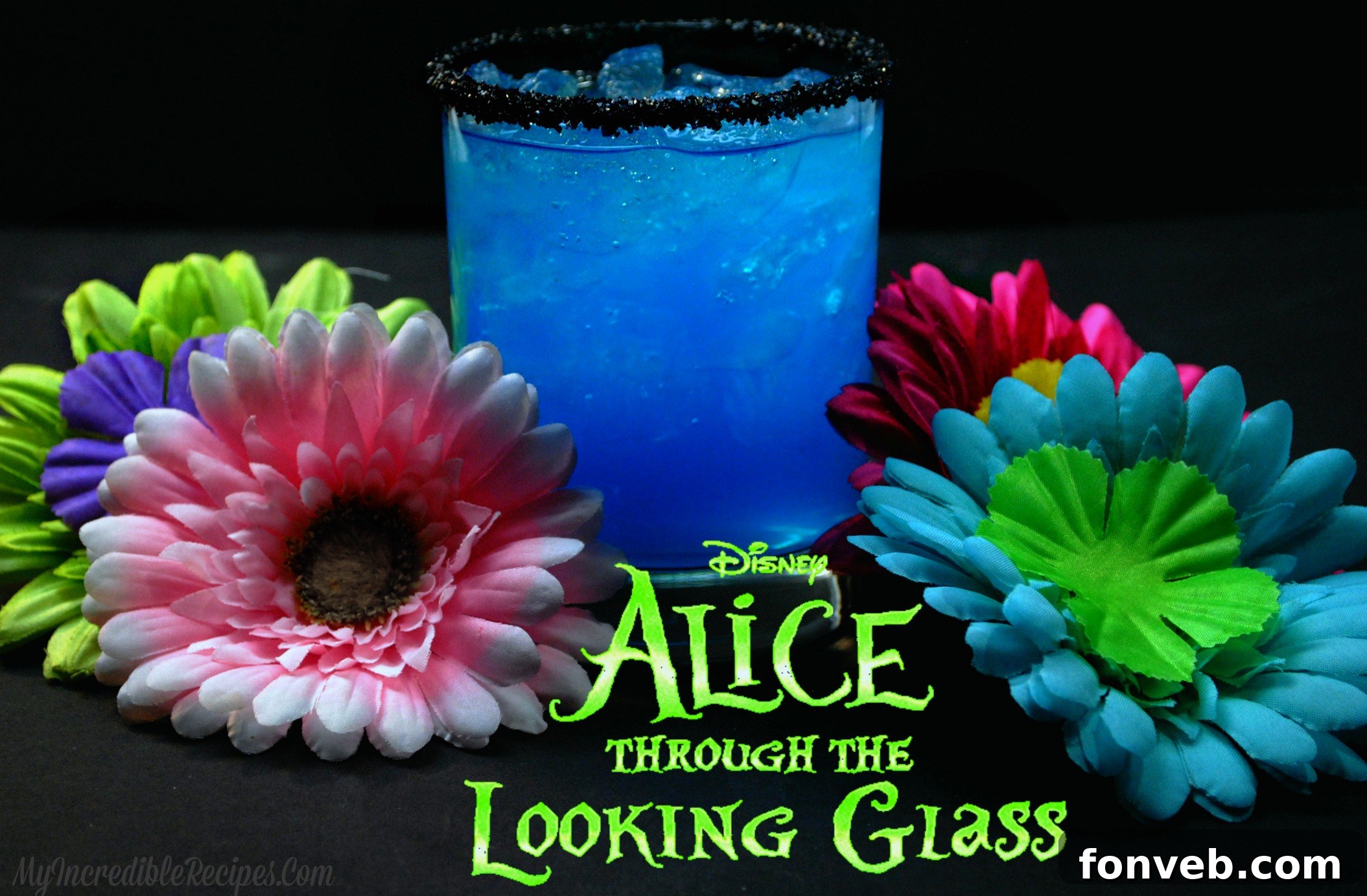 Four Hookah Butterfly Cocktails lined up on a table, ready for a party