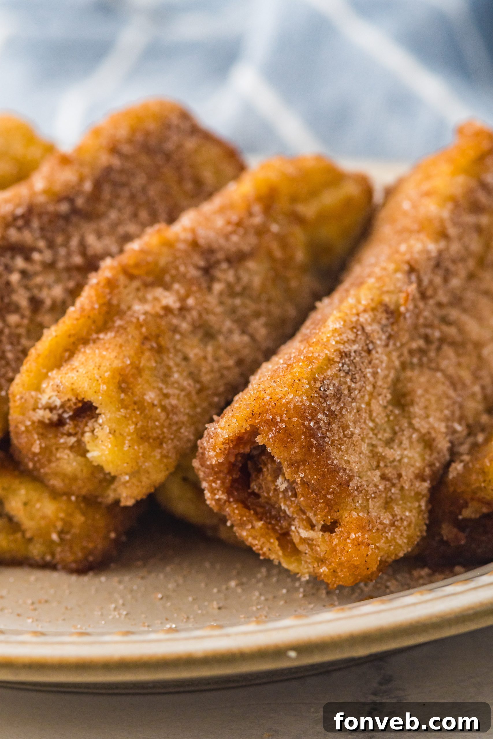 A close-up shot focusing on a single Churro French Toast Roll Up, showcasing its inviting texture and golden hue.
