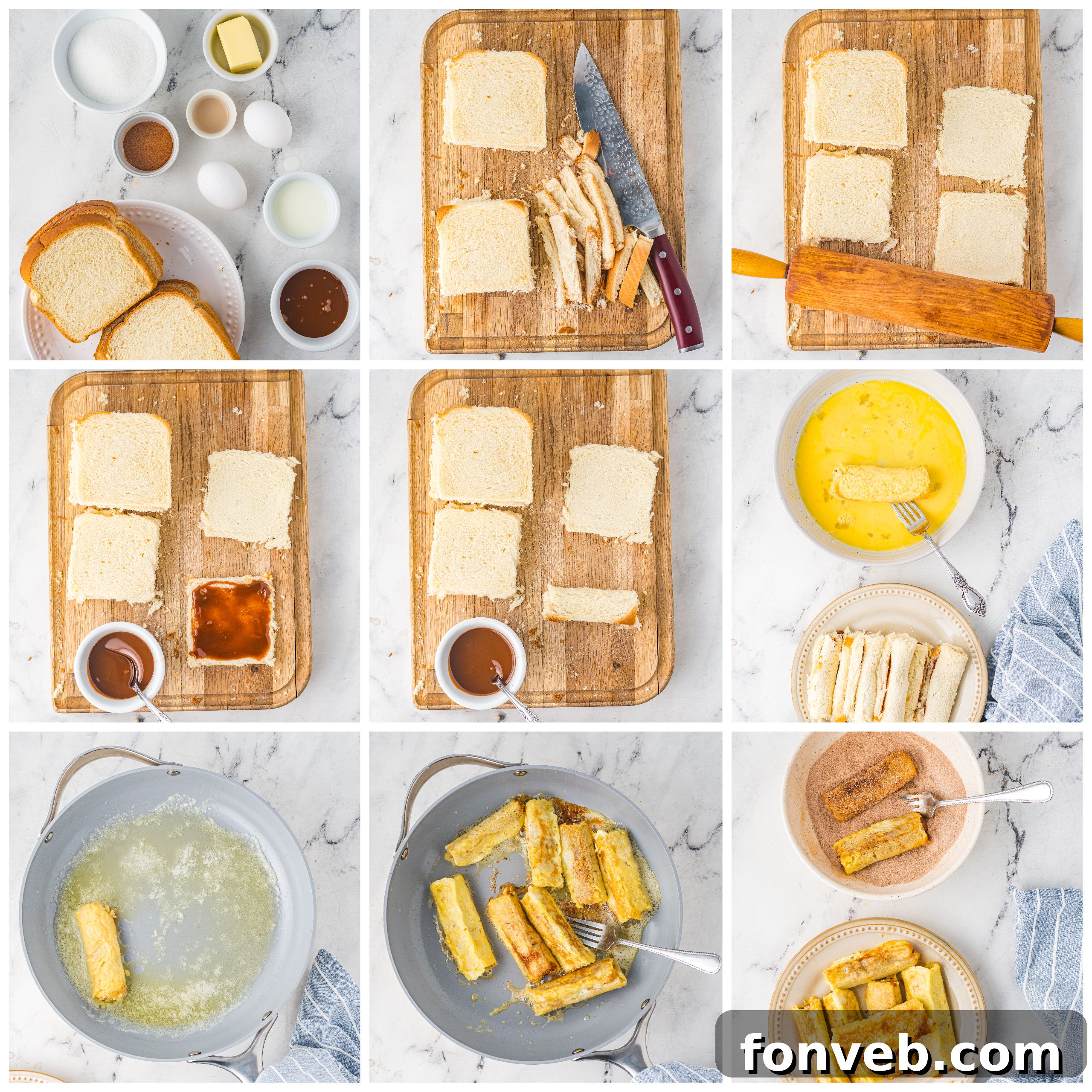 A stack of Churro French Toast Roll Ups on a white plate, ready to be served.