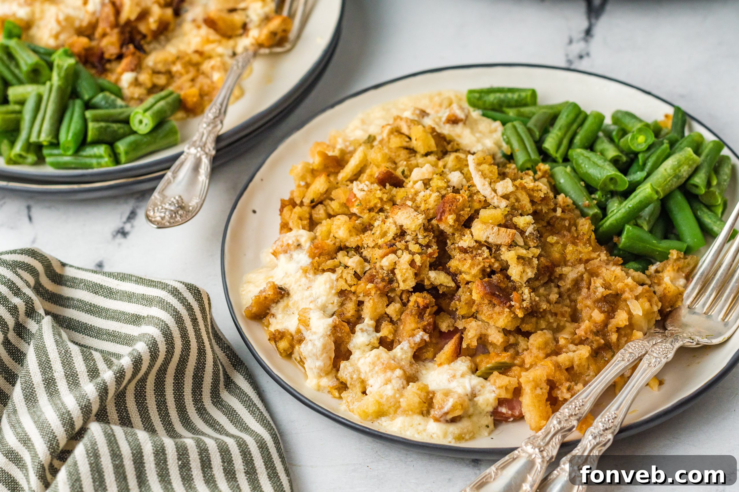 One-Pot Slow Cooker Chicken Cordon Bleu and Stuffing Dinner 15 Final plated serving of slow cooker chicken cordon bleu, garnished and ready to eat.
