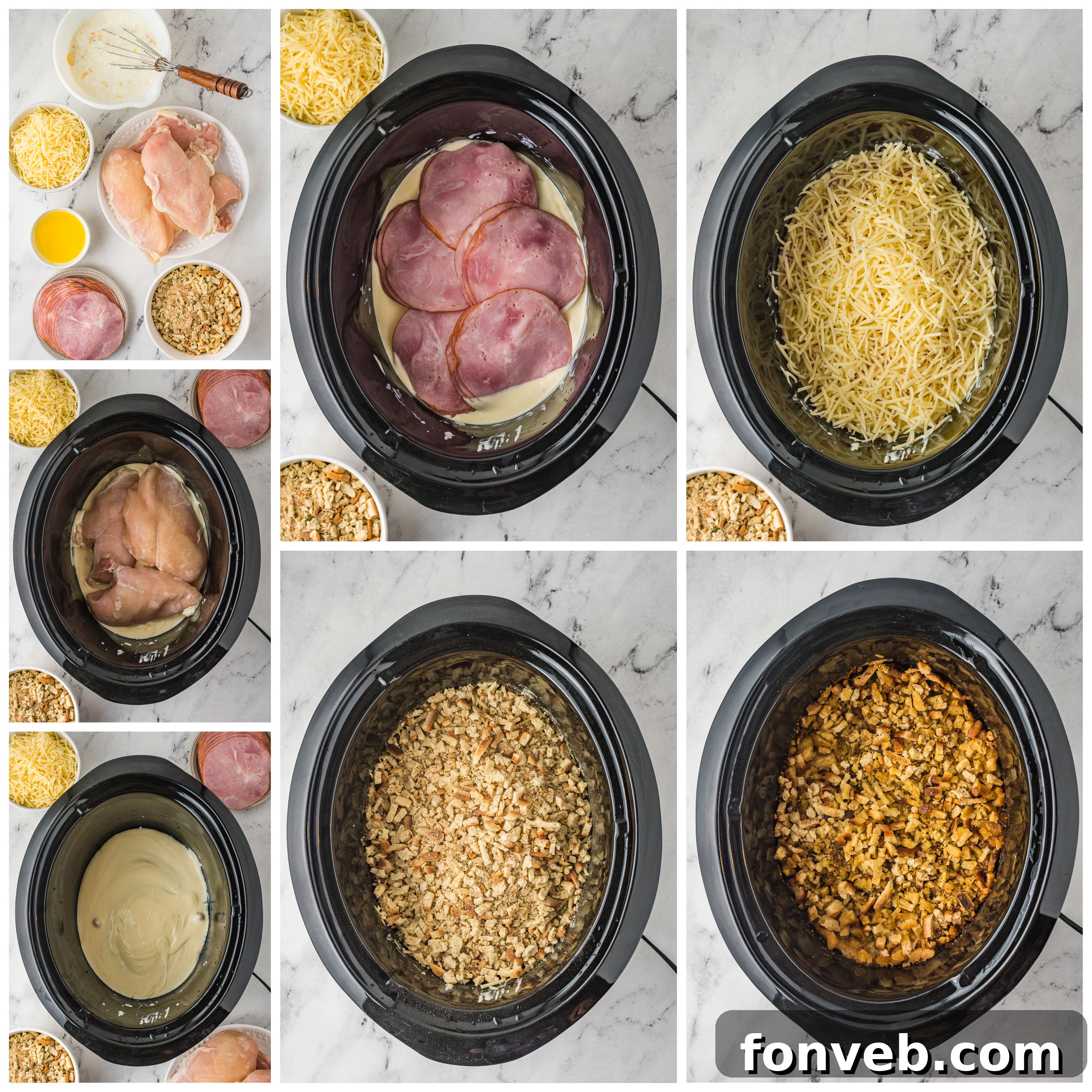 One-Pot Slow Cooker Chicken Cordon Bleu and Stuffing Dinner 3 Close-up of baked chicken cordon bleu, showing golden-brown stuffing and melted cheese.