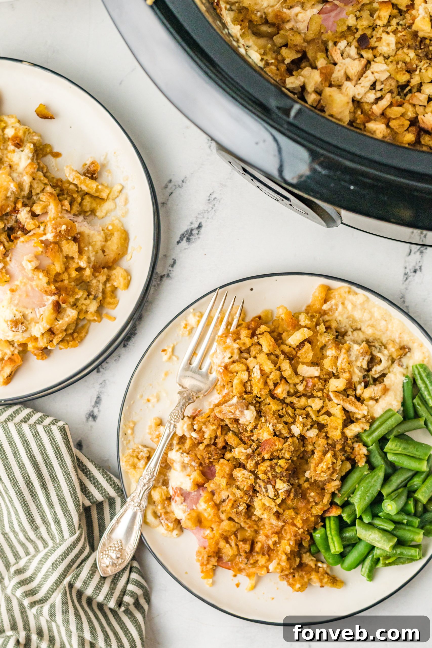 One-Pot Slow Cooker Chicken Cordon Bleu and Stuffing Dinner 4 A large pot of slow cooker chicken cordon bleu, ready to be served.