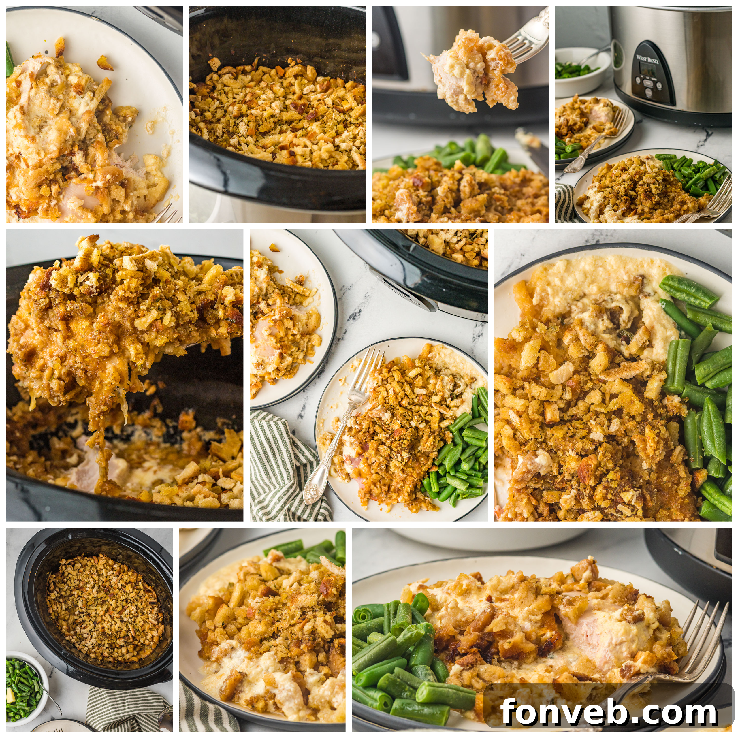 One-Pot Slow Cooker Chicken Cordon Bleu and Stuffing Dinner 5 Fresh chicken breasts, ham slices, and Swiss cheese, key ingredients for chicken cordon bleu.