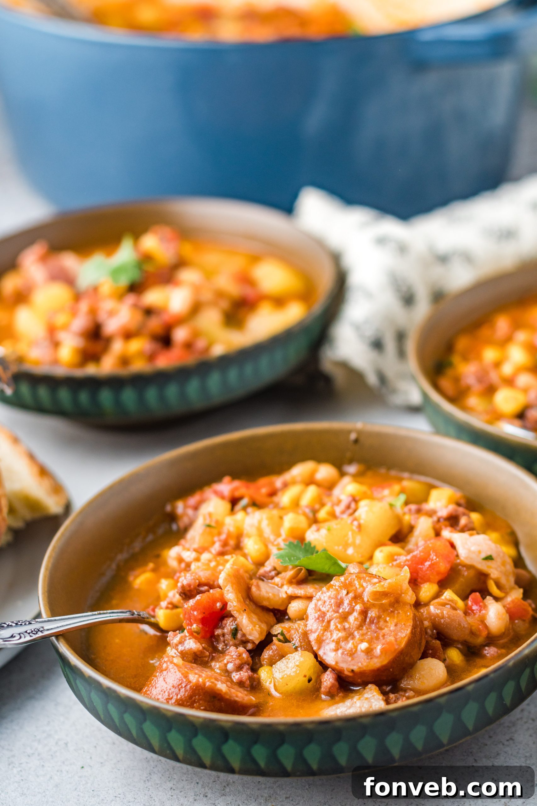Wrangler's Hearty Stew 15 A macro shot of the rich, savory texture of Cowboy Stew, showing the medley of ingredients.