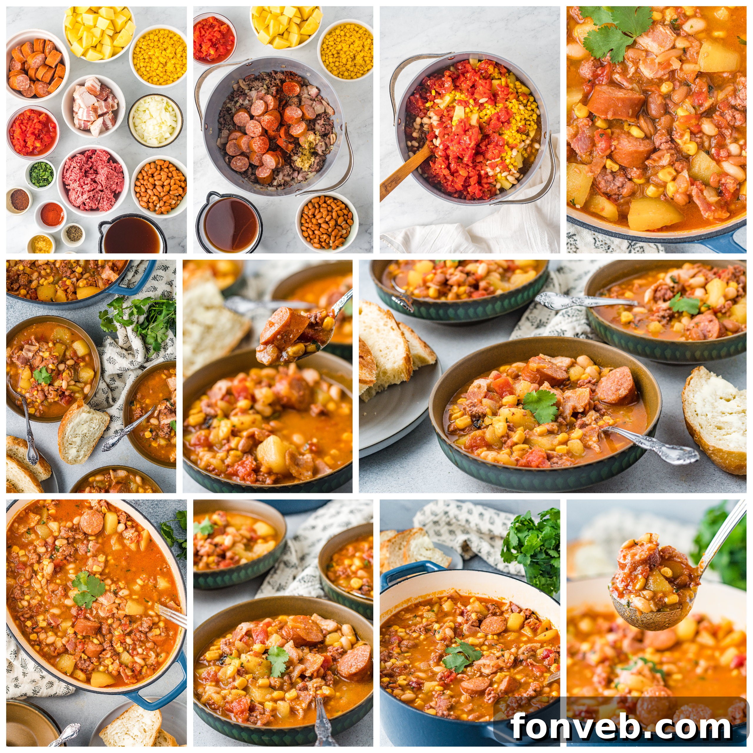 Wrangler's Hearty Stew 5 A flat lay of fresh ingredients including canned goods, potatoes, onions, garlic, and spices, ready for making Cowboy Stew.