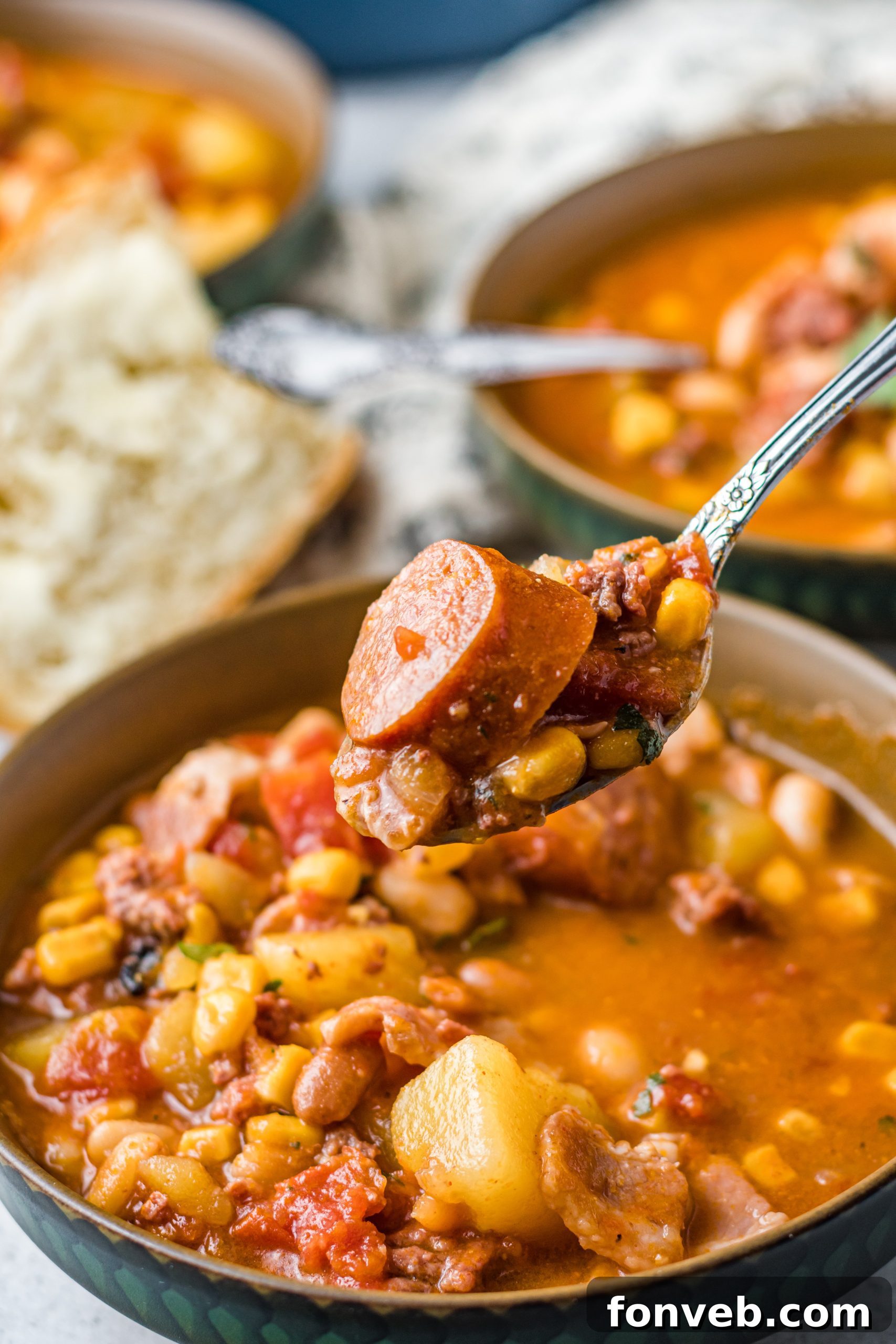 Wrangler's Hearty Stew 8 A close-up shot of Cowboy Stew, showcasing the rich texture and diverse ingredients within the stew.
