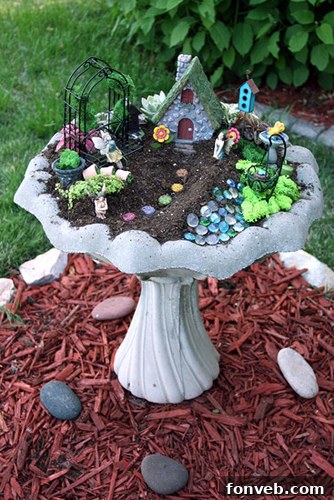 Bird Bath Transformed into a Fairy Garden