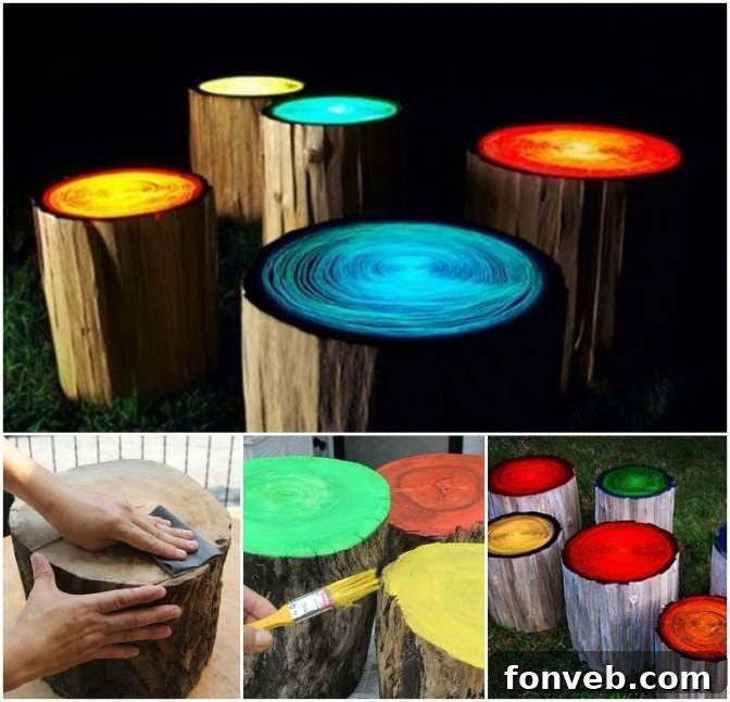 Glow in the Dark Log Stump Stools for Outdoor