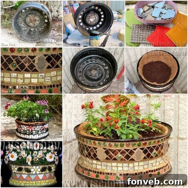 DIY Mosaic Flower Pots from Old Tire Rims