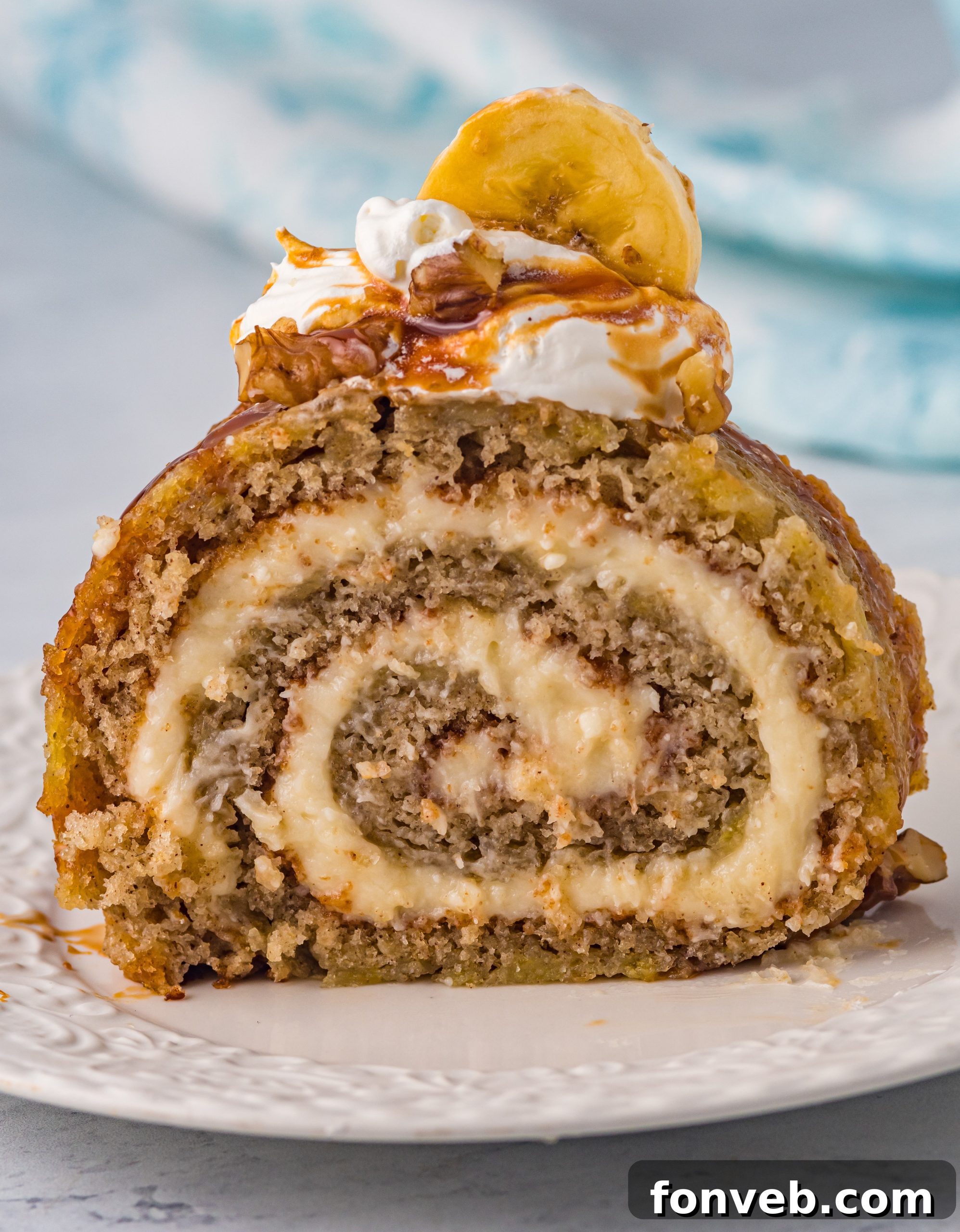 Delicious Homemade Banana Cake Roll, sliced and ready to serve