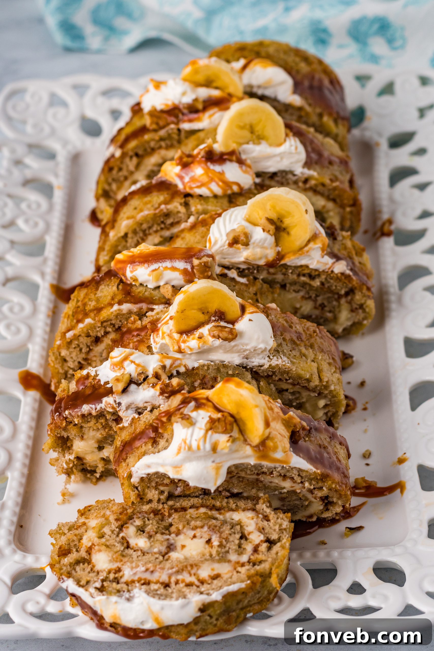 Caramel sauce drizzled over a surface, ready for the cake roll