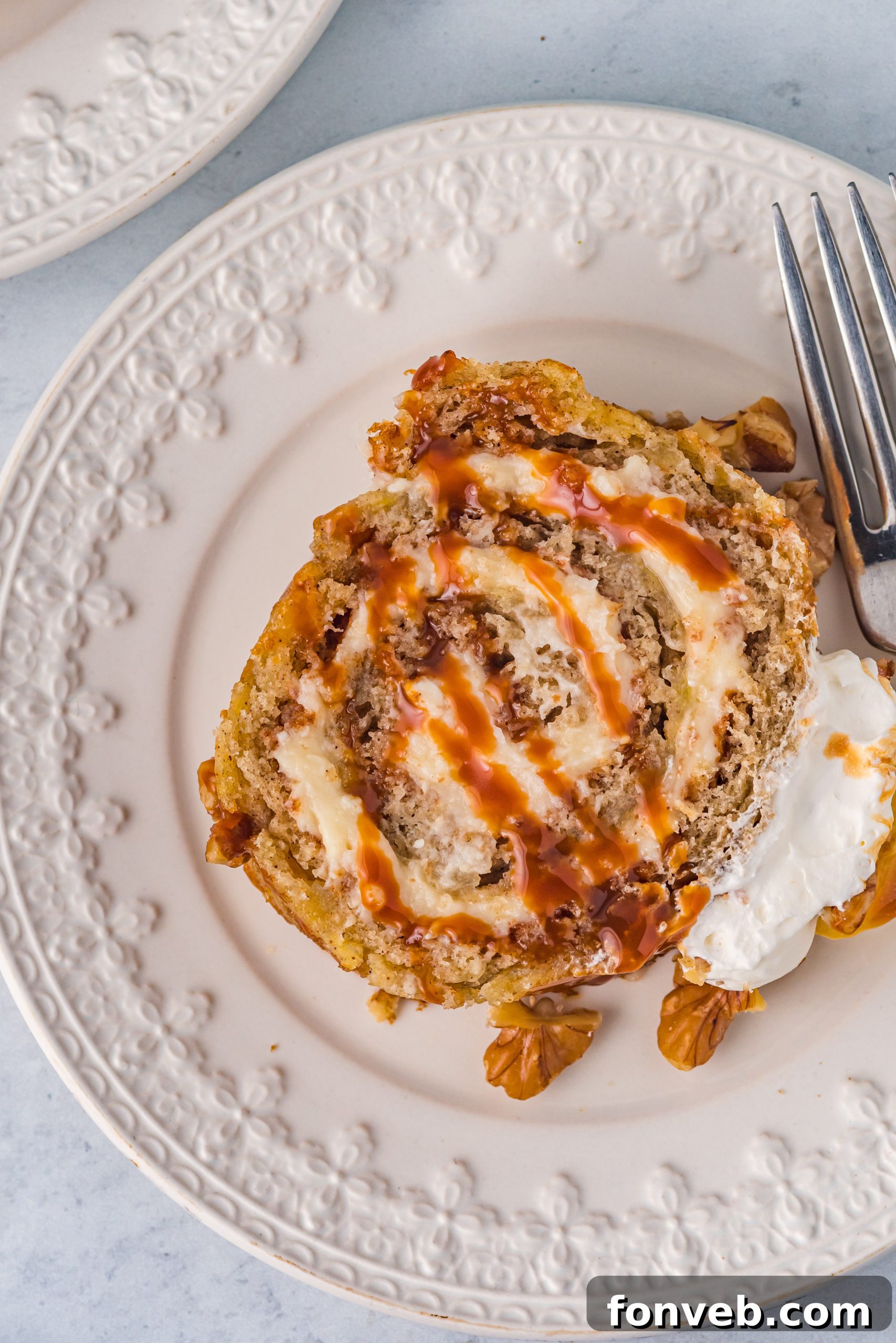 Another perspective of the banana cake roll, highlighting its inviting presentation