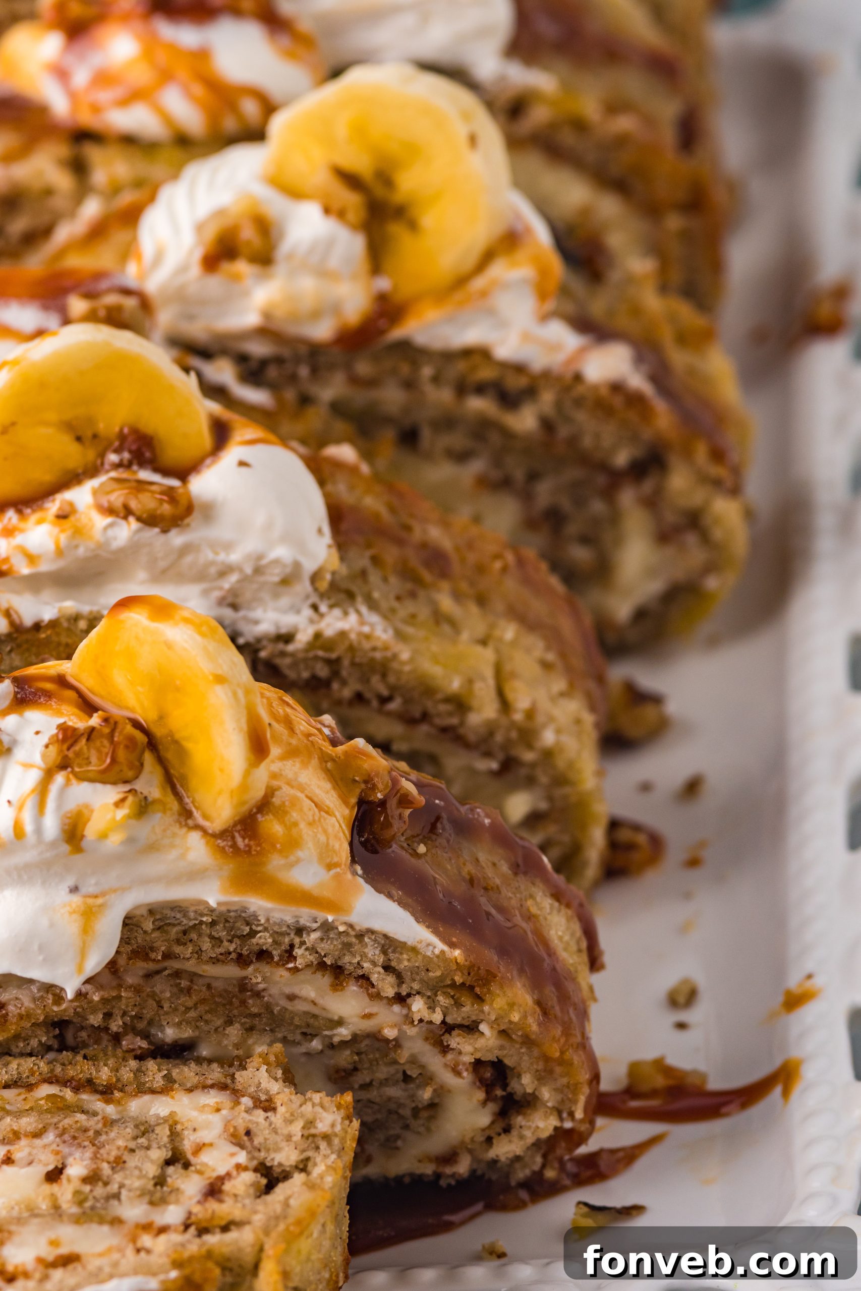 Another view of the completed banana cake roll, beautifully garnished