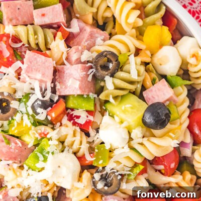 A serving of the Classic Italian Pasta Salad in a round bowl.