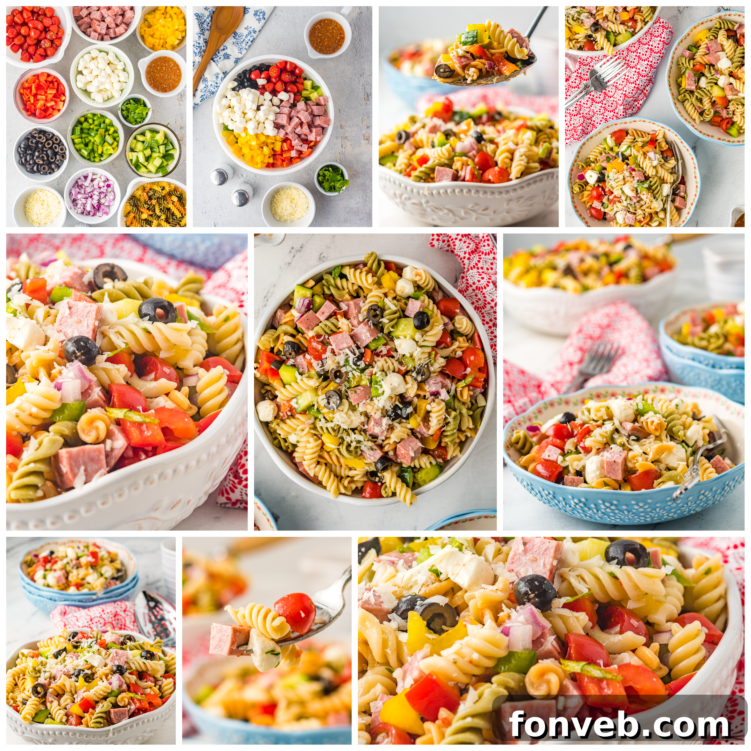 A close-up of a serving spoon scooping some Italian Pasta Salad, highlighting the mix of ingredients and dressing cling to the pasta.