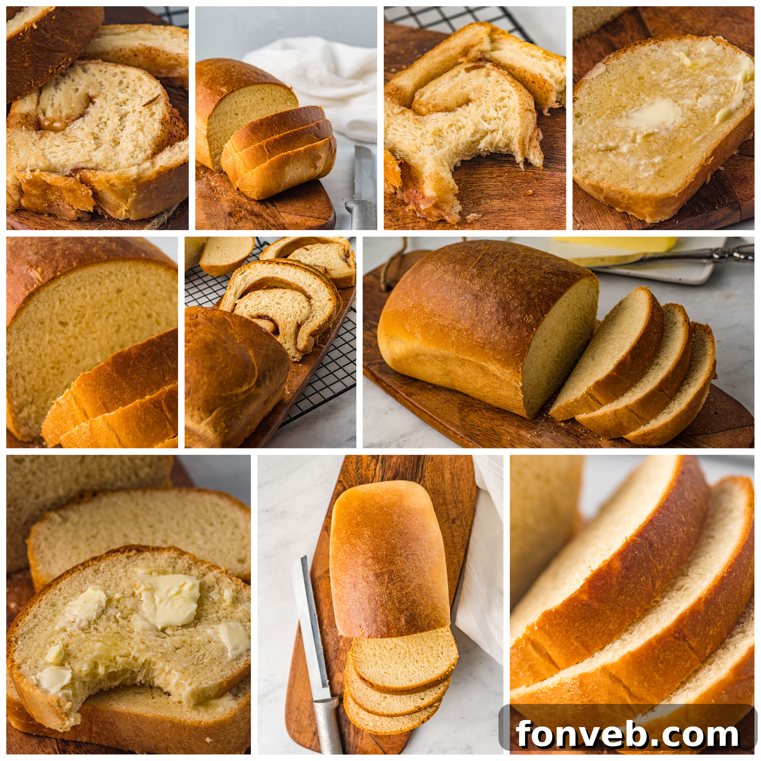 Two golden loaves of Amish White Bread, one sliced, on a wooden board.