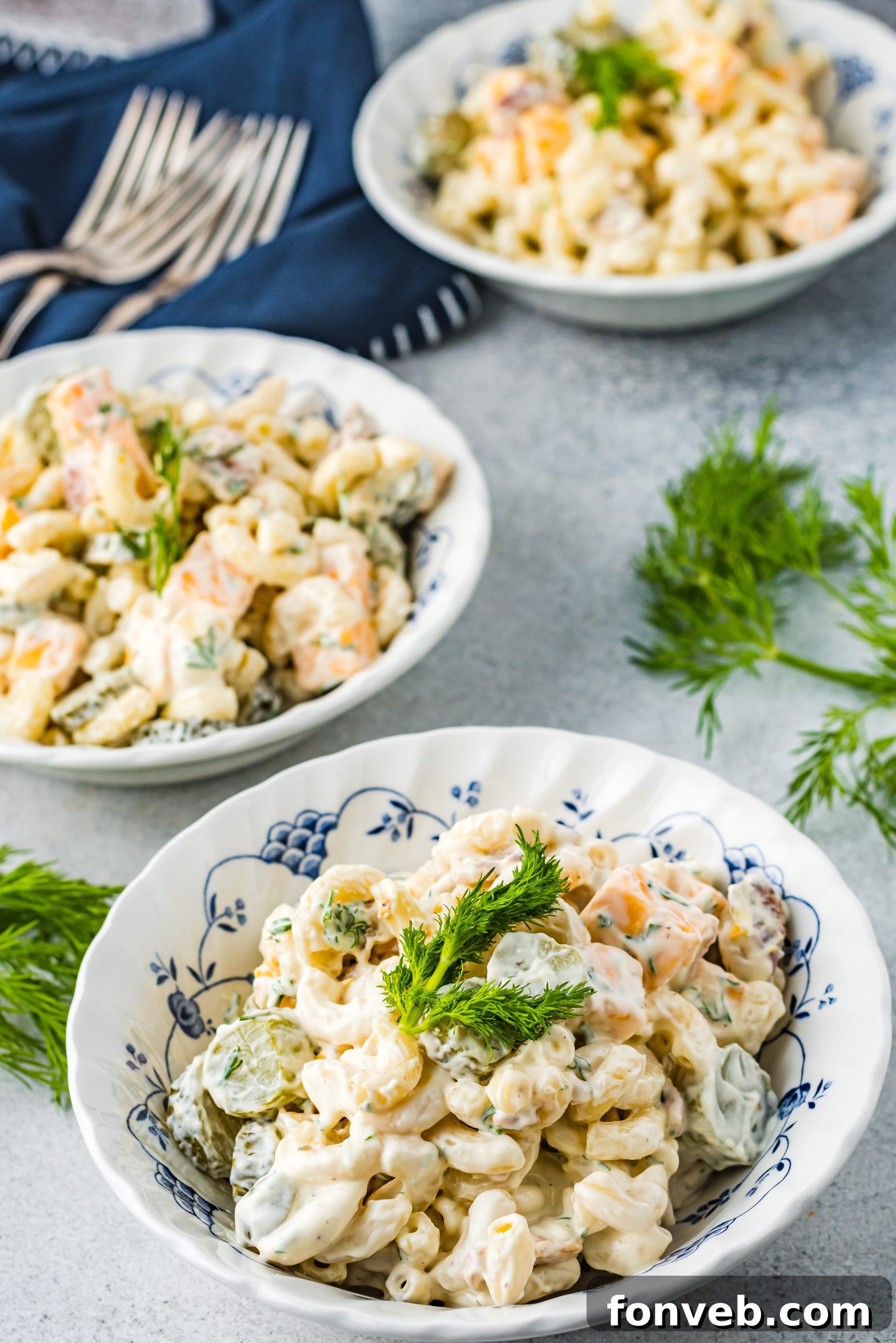 Final close-up of Dill Pickle Pasta Salad on a plate, ready to be enjoyed with a fork.