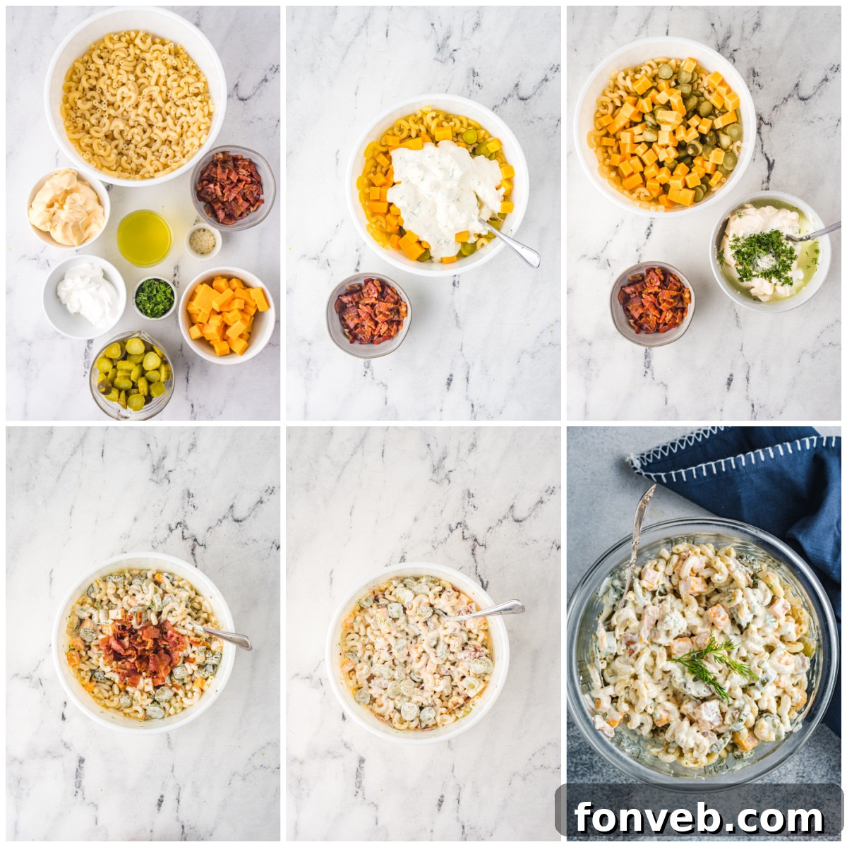 Dill Pickle Pasta Salad artfully garnished with fresh dill sprigs, highlighting its fresh ingredients.