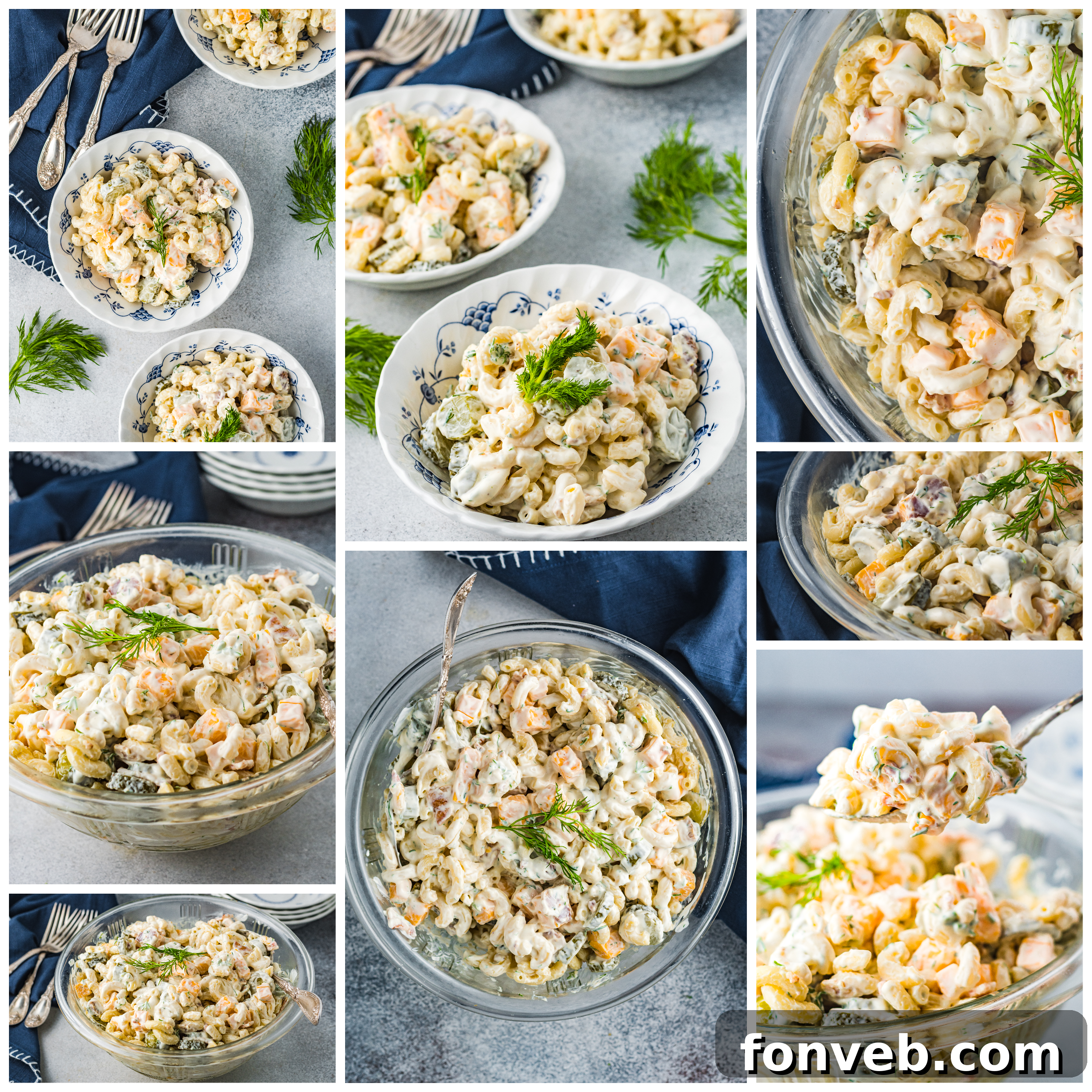 A close-up view of Dill Pickle Pasta Salad, showcasing crispy bacon bits and tender pasta in a creamy sauce.