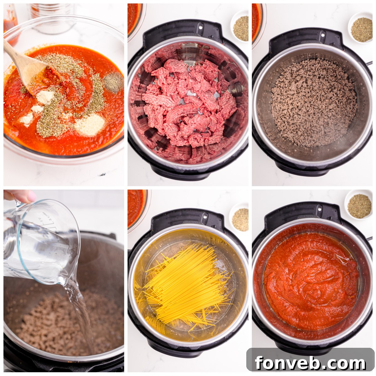 Instant Pot Spaghetti collage of 6 photos showing how to make it