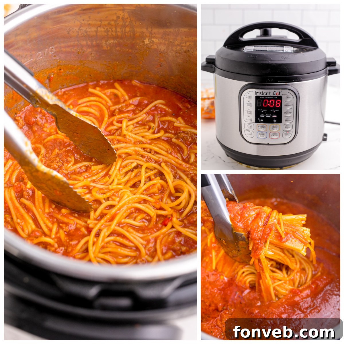 Instant Pot Spaghetti collage of an instant pot, it open showing the spaghetti