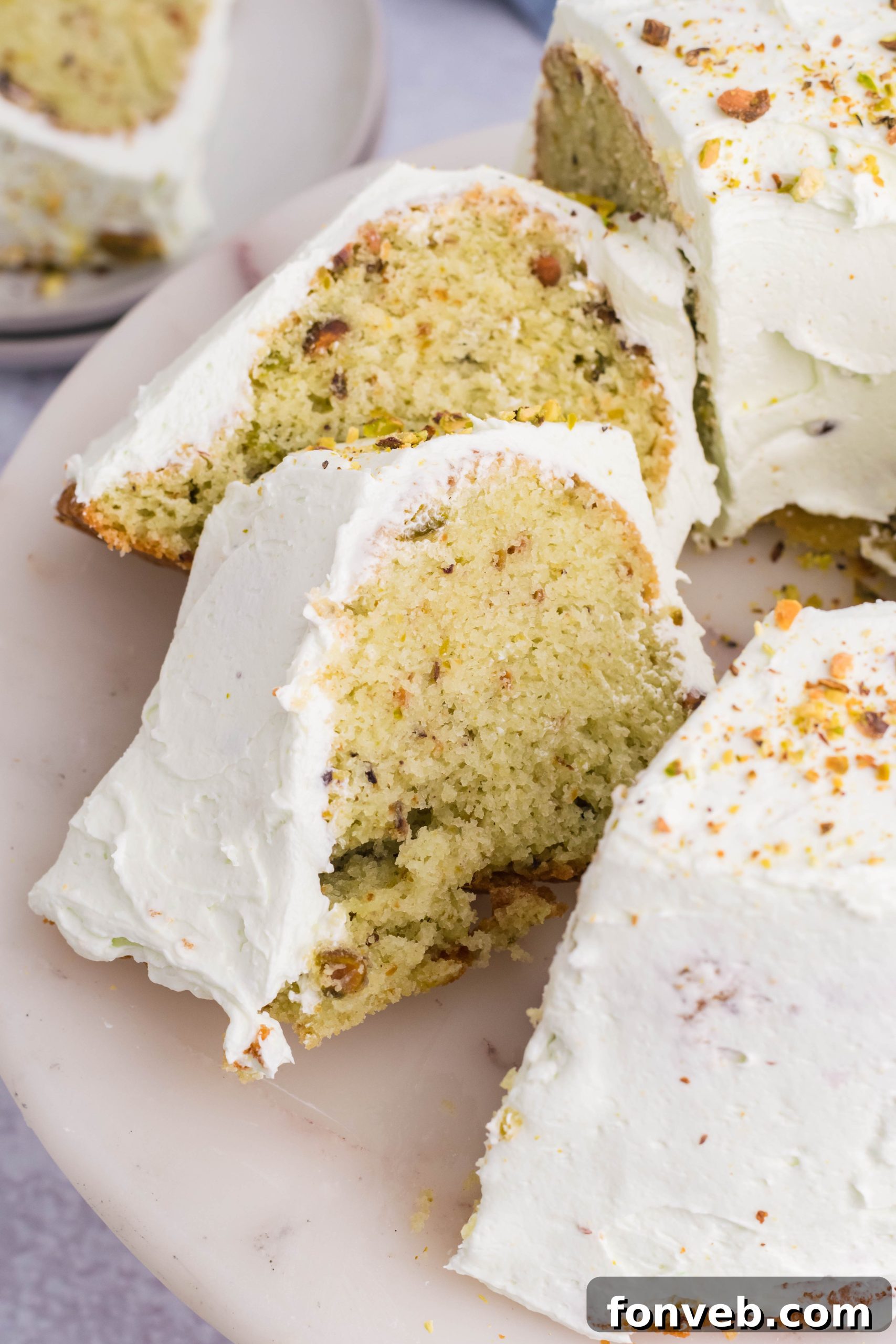 Pistachio Cake slice on a plate