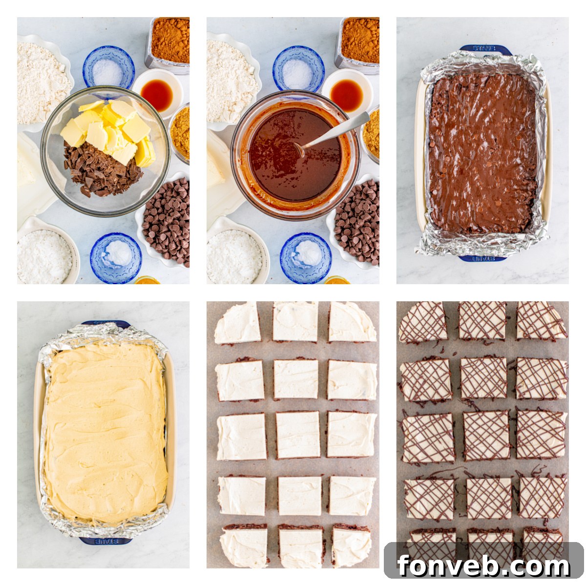 Peanut Butter Brownies collage showing the ingredients in a bowl then baked in a pan, then frosted and cut