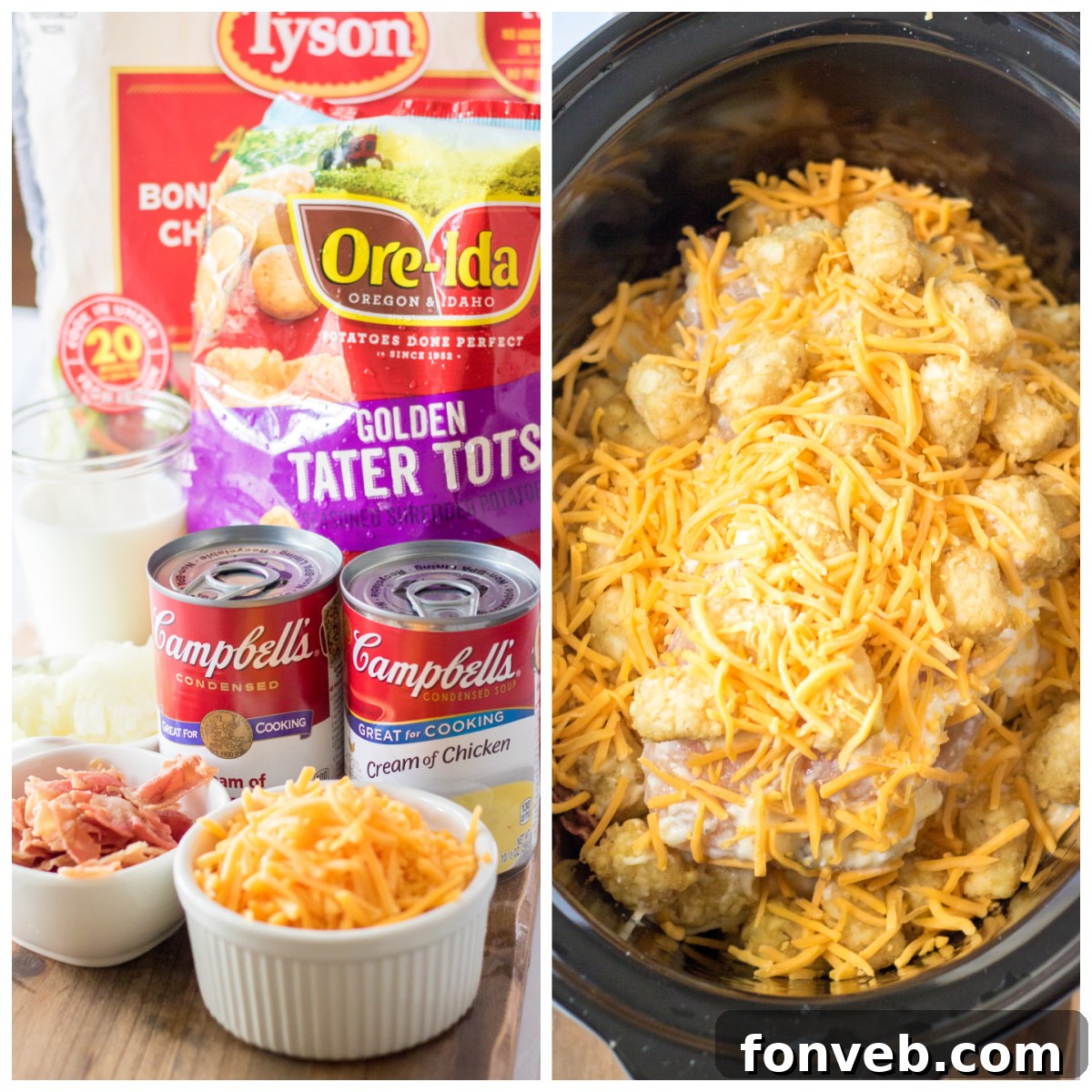 Tater Tot Casserole ingredients collage with the second photo of the slow cooker with tater totas covered in cheese, ready to be cooked