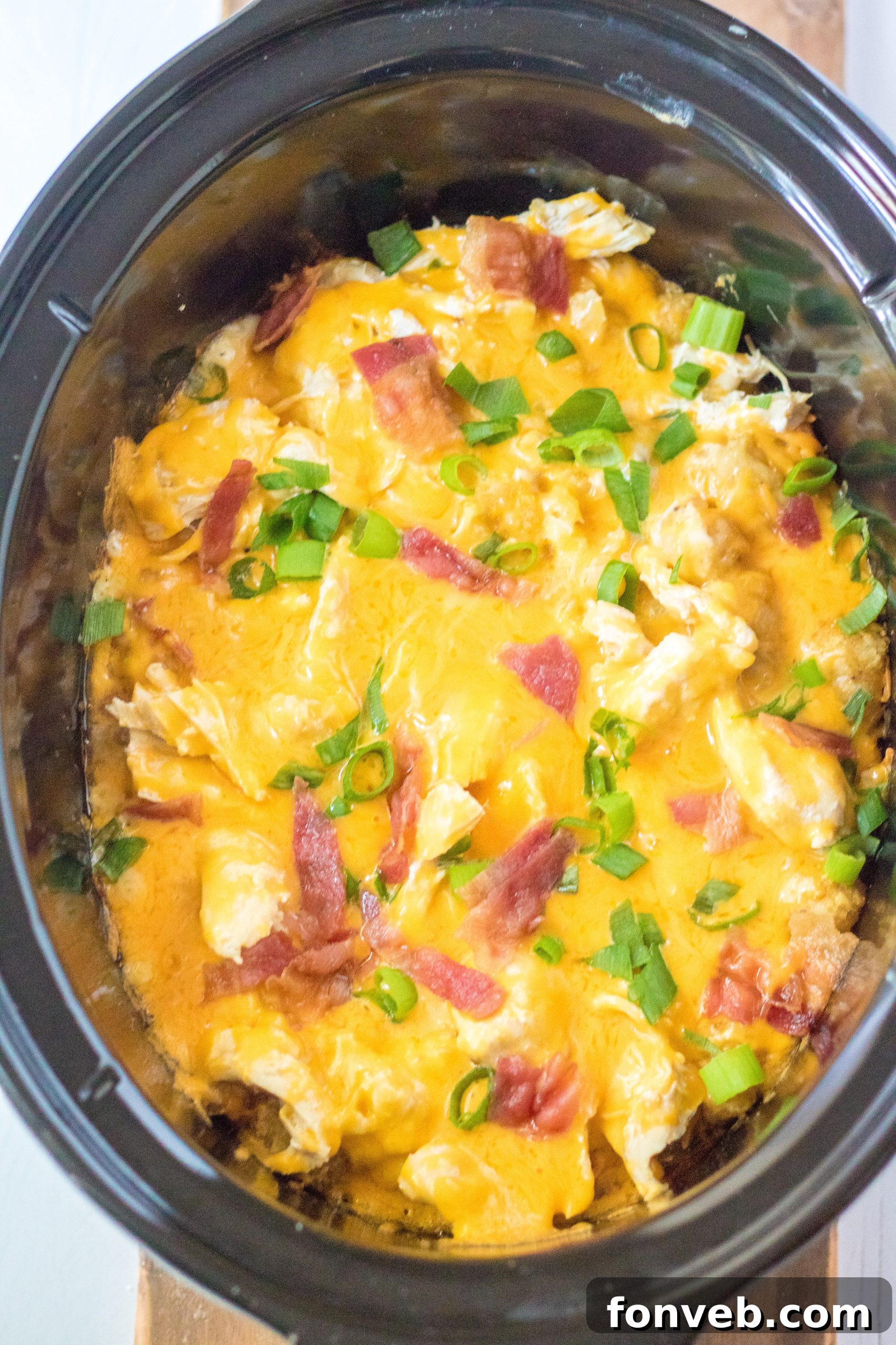 Tater Tot Casserole in the crock pot, cooking away